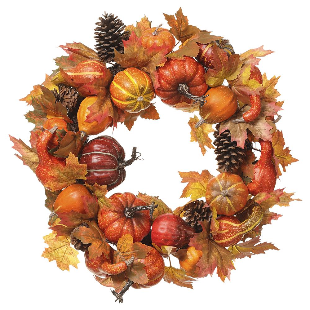 22" Pumpkin & Pine Cone Wreath, Orange / Brown - Image 2