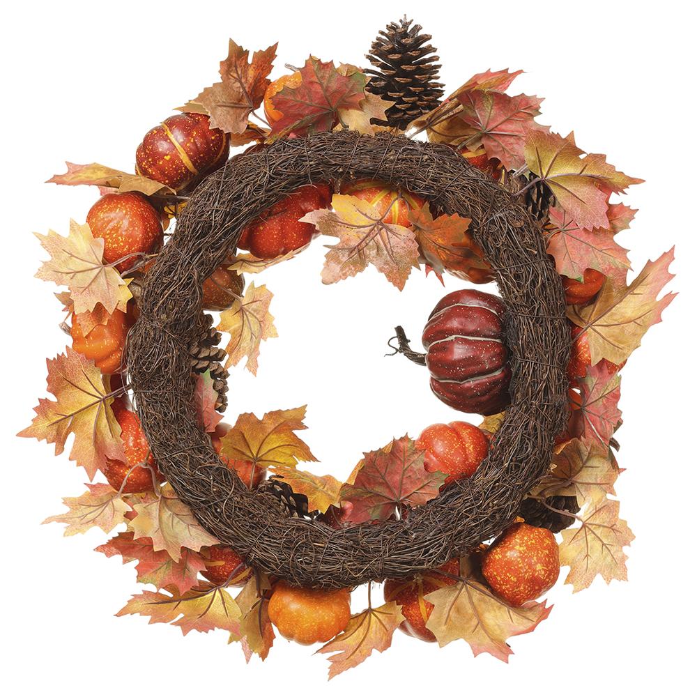 22" Pumpkin & Pine Cone Wreath, Orange / Brown - Image 3