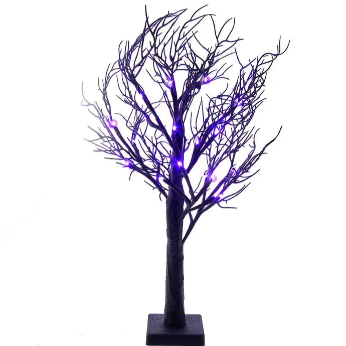 24" Battery Operated Pre-Lit Purple LED Black Glittered Tabletop Tree