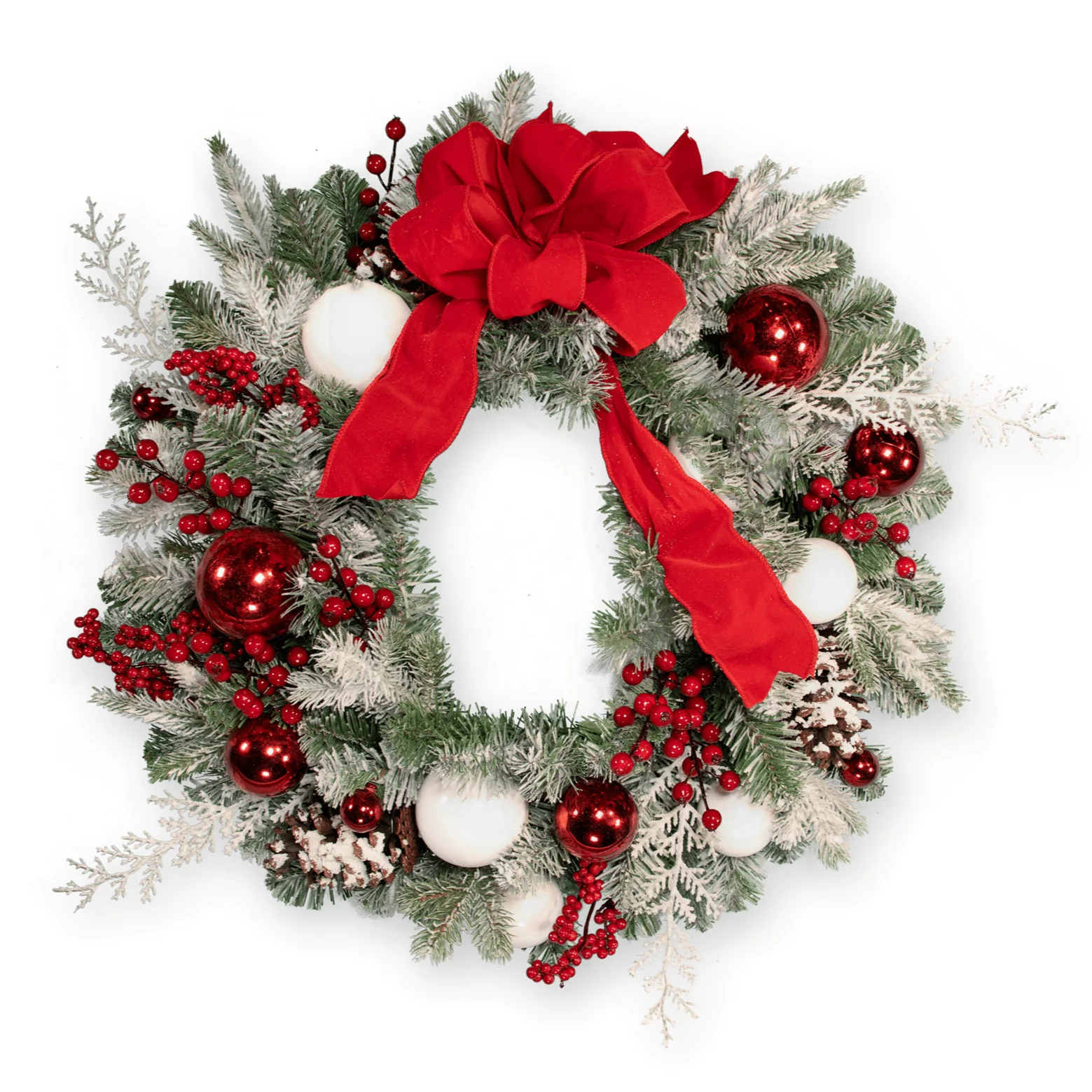 24β³ Frosted Pine Wreath w/ Red and White Balls, Red Berry & Pinecones