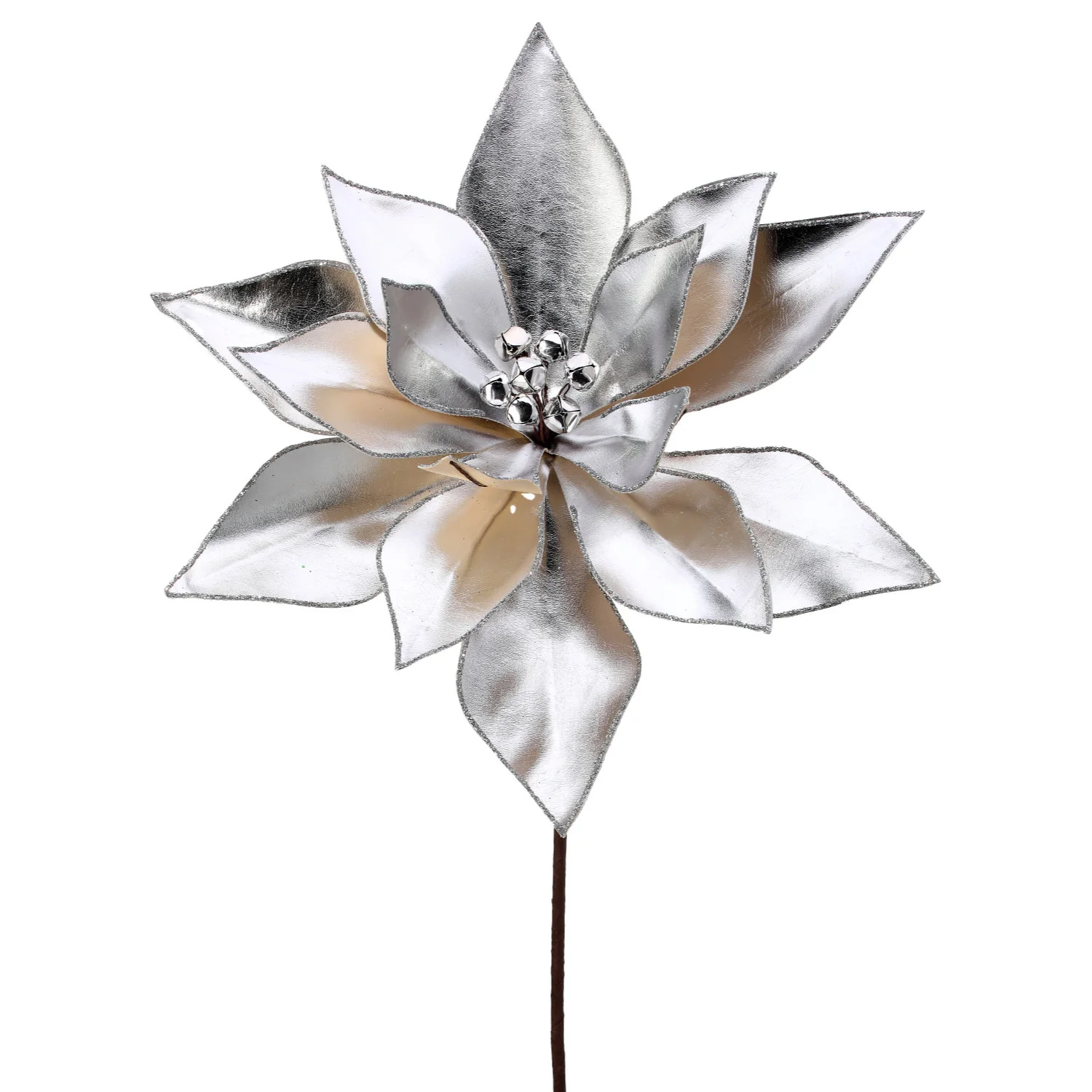 24" Retro Poinsettia Stem w/Jingle Bells (Silver)