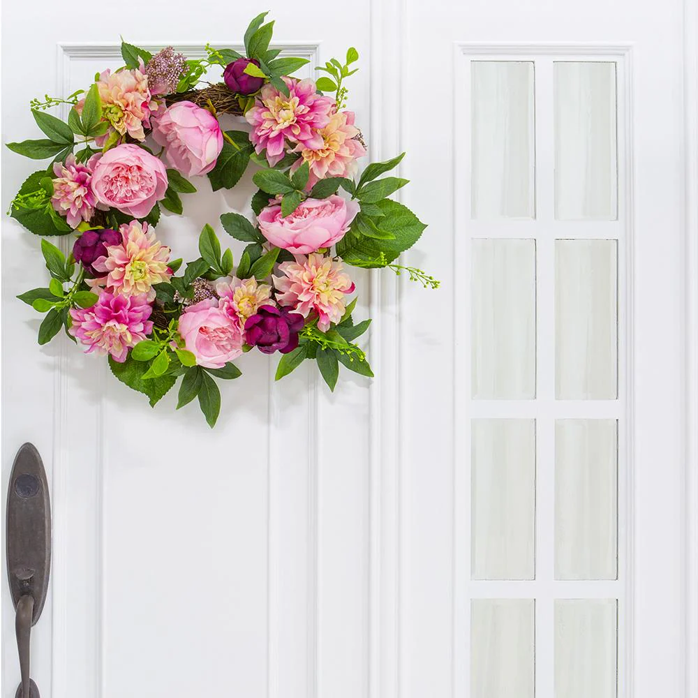 Peony & Dahila Twig Wreath (Pink Burgundy), 26" - Image 2