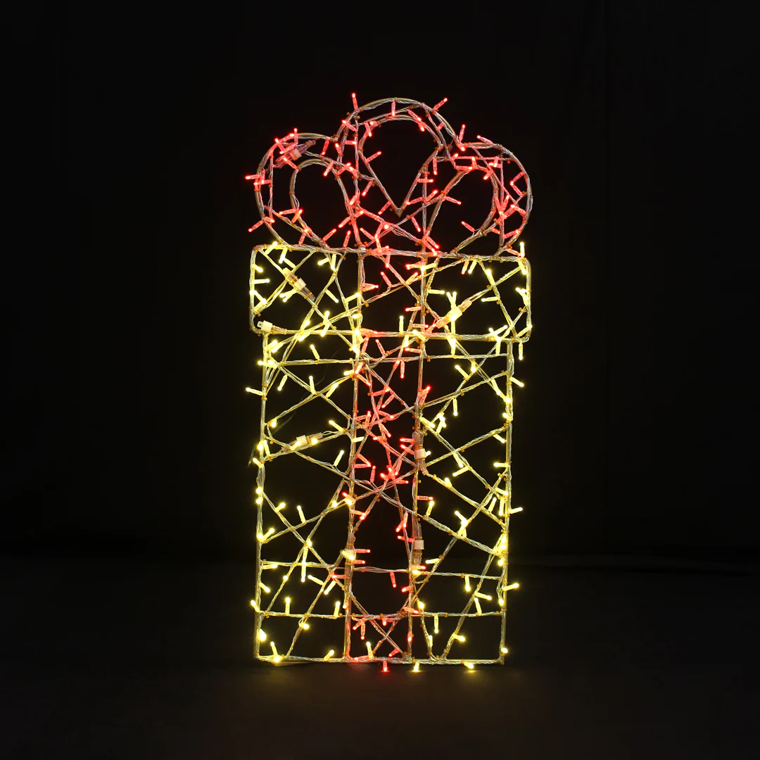 Large 2D Gift Box Decoration, LED Lit (Warm White/Red), 48"
