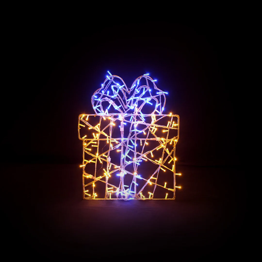 Large 2D Gift Box Decoration, LED Lit (Warm White/Blue), 31"