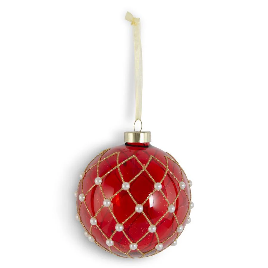 3.75" Red Glass Ornament w/Gold Diamond Glitter & Pearls