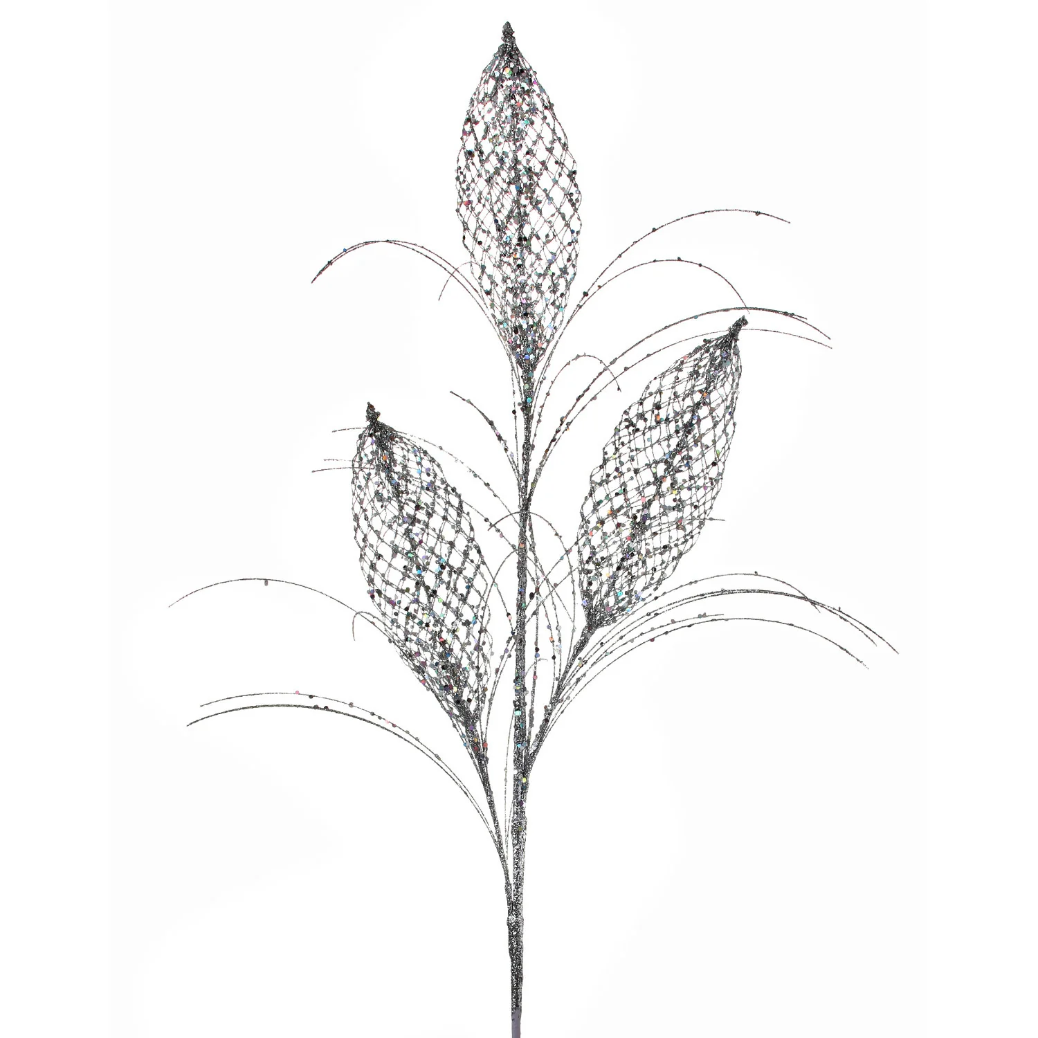 Glitter and Sequin Mesh Magnolia Leaf Spray, 34" (Silver)