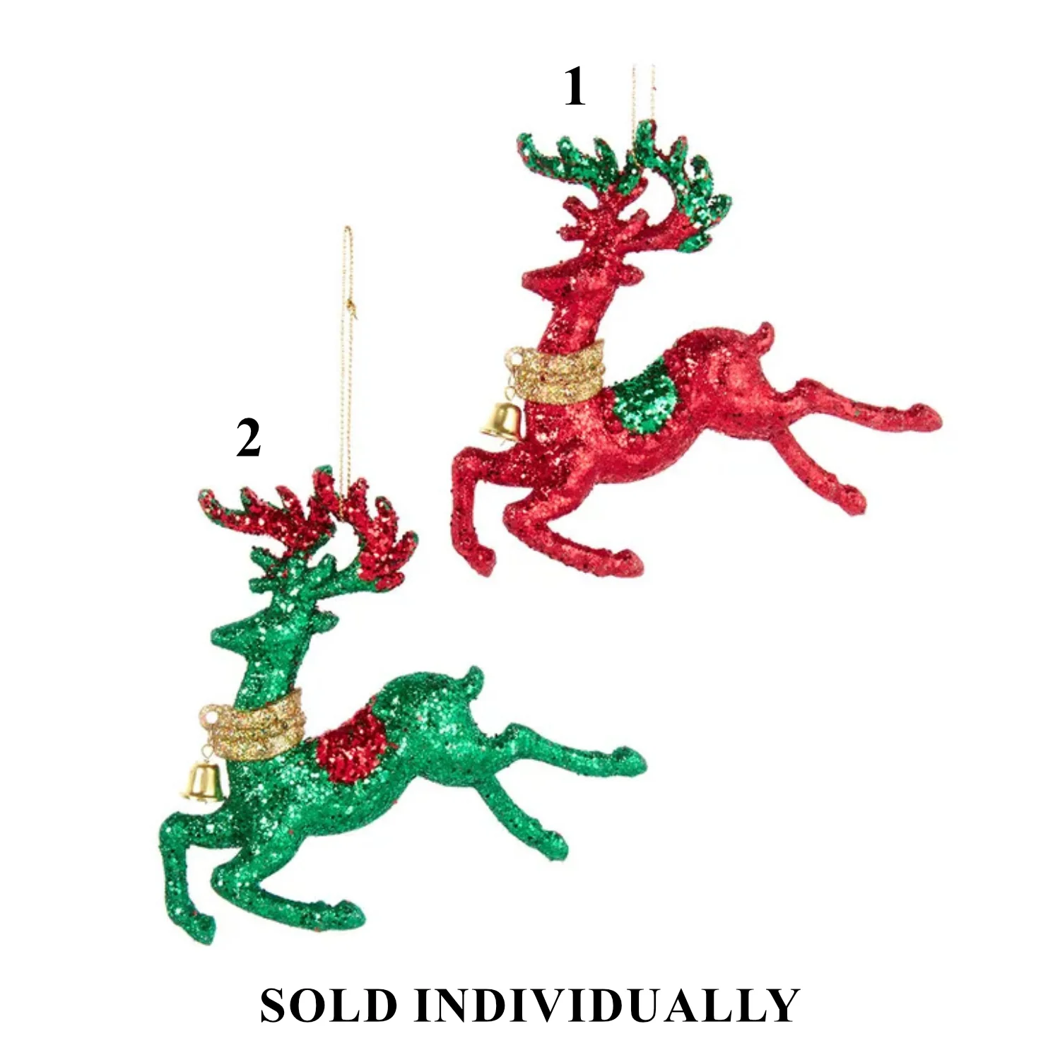 4.3" Red or Green Glittered Deer Ornament w/Bell (2 styles - sold individually)