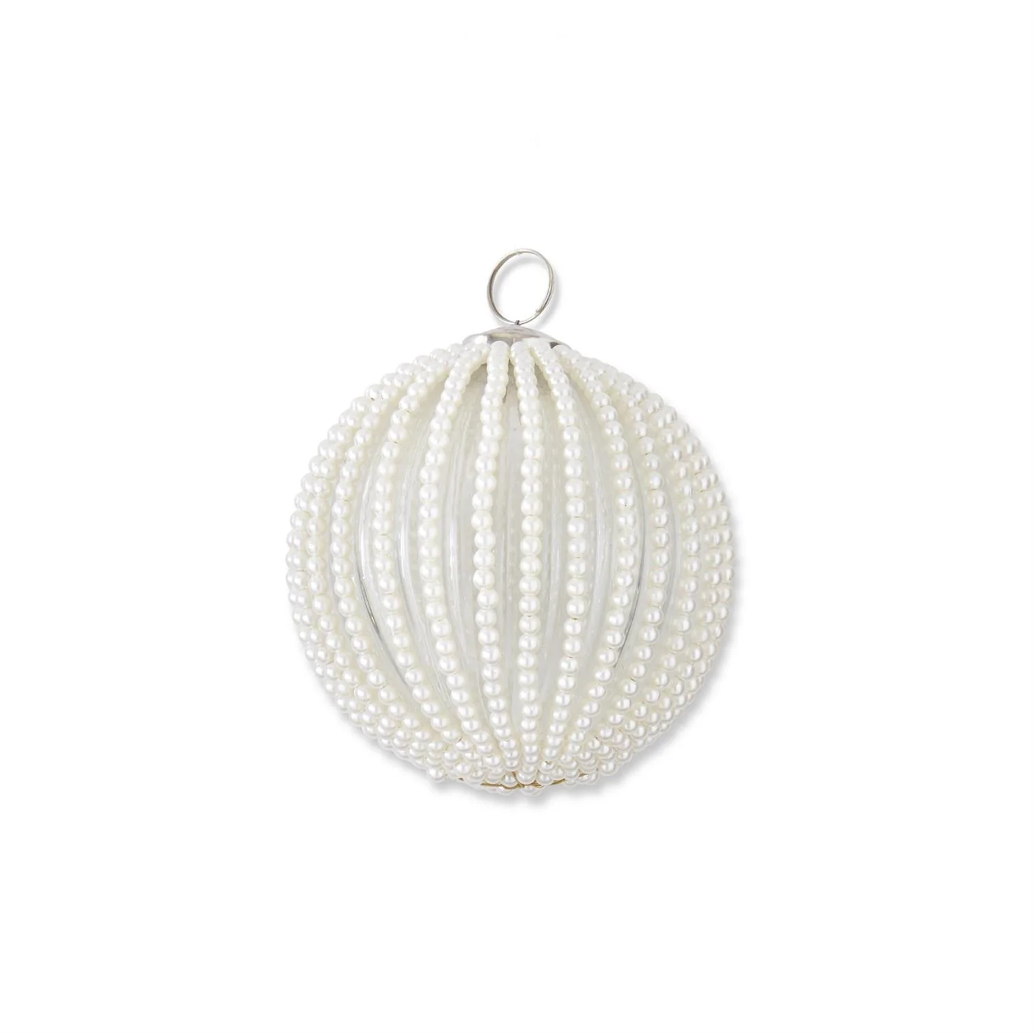 4.75" Round Clear Glass Ornament w/Wired White Beaded Stripes