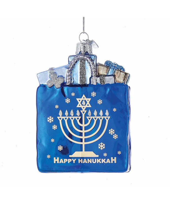 Glass Happy Hannukah Gift Bag Ornament, 4"