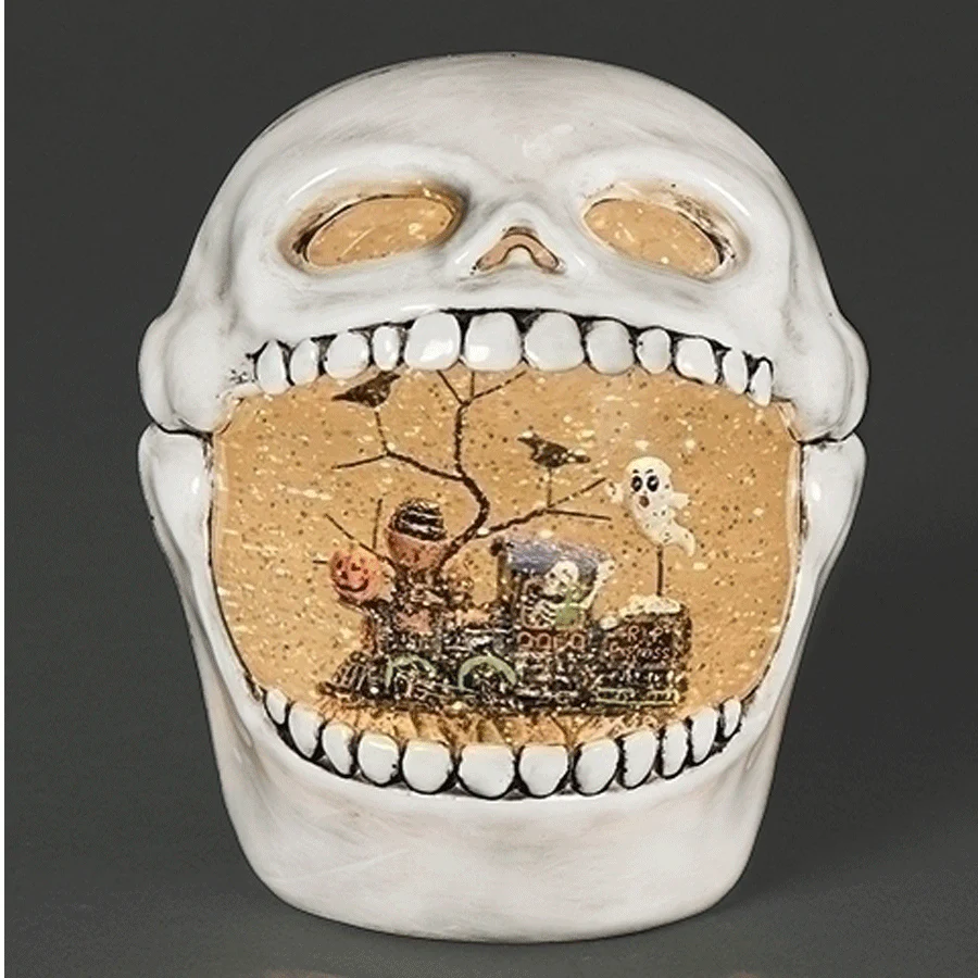 Lighted Skull Swirl Snow Globe, Halloween Train Scene, 7.25" - Image 3