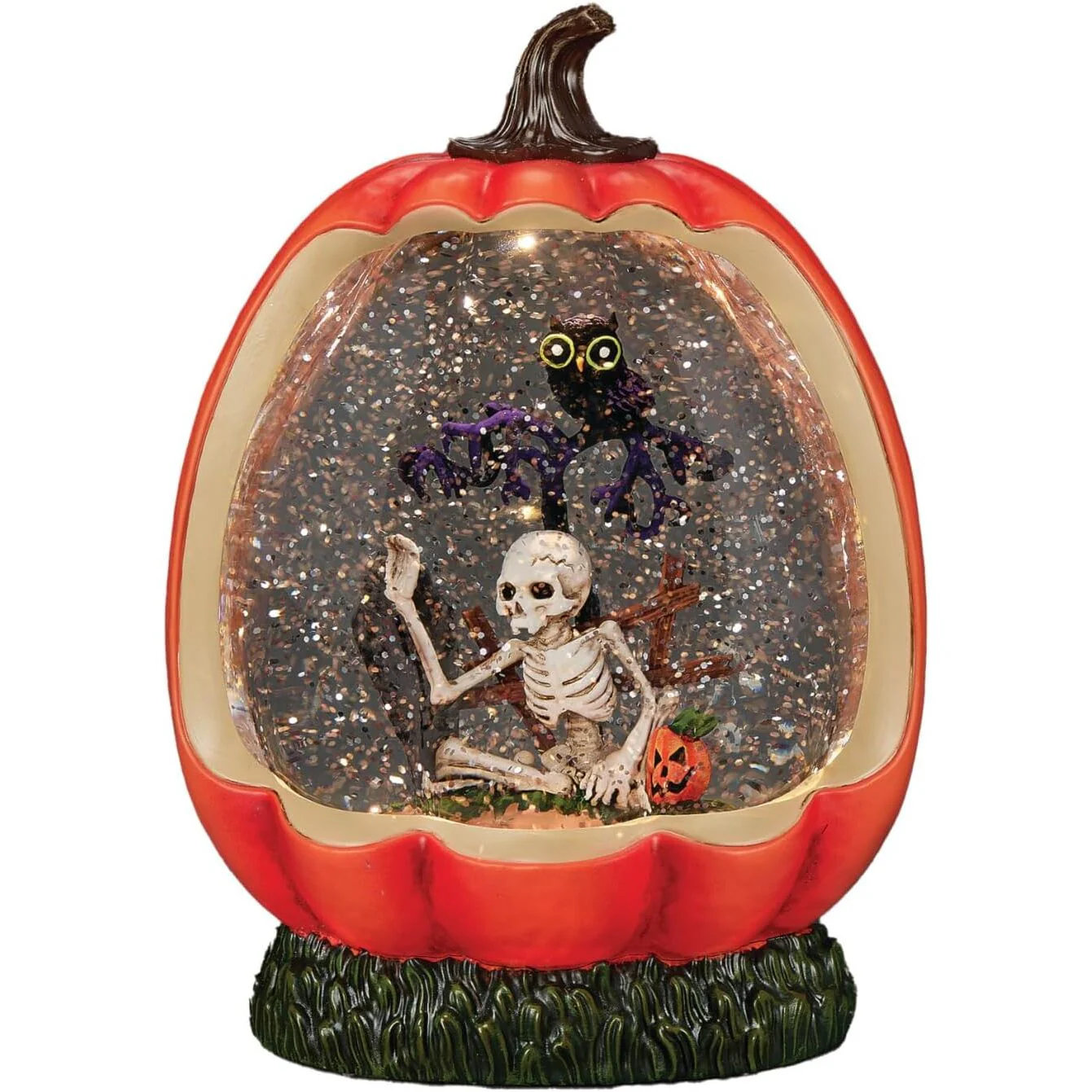 Lighted Swirl Pumpkin Shape Snow Globe, Halloween Scene, 8.25"