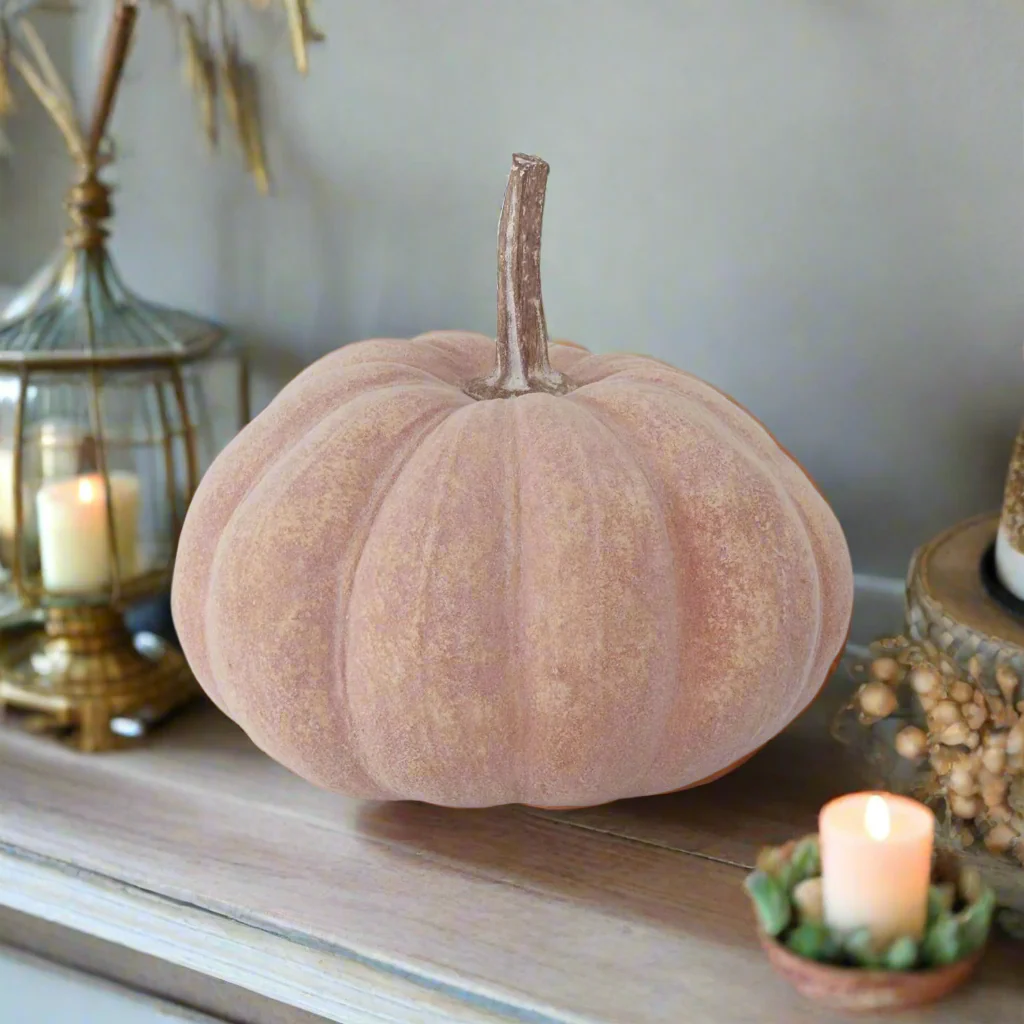 Light Orange Flocked Resin Pumpkin Figurine, 8.5"