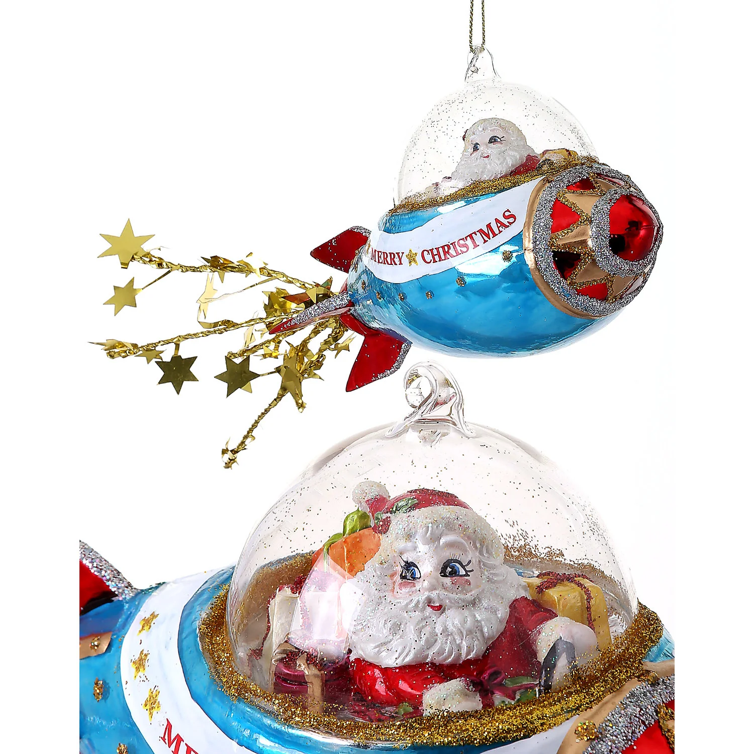 9" Glass Santa in Rocketship Ornament
