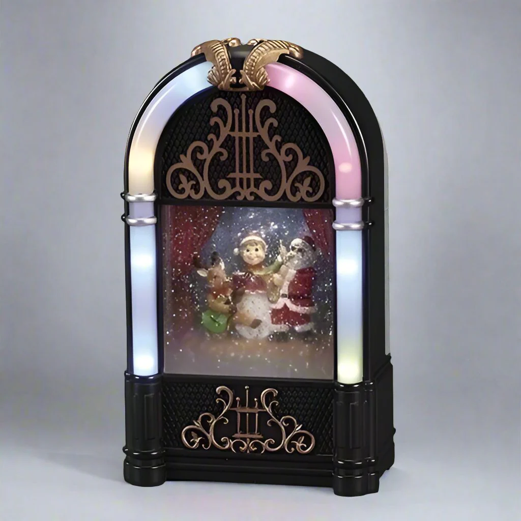 Lighted Musical Swirl Juke Box W/ Santa, An Elf And A Reindeer, 9"