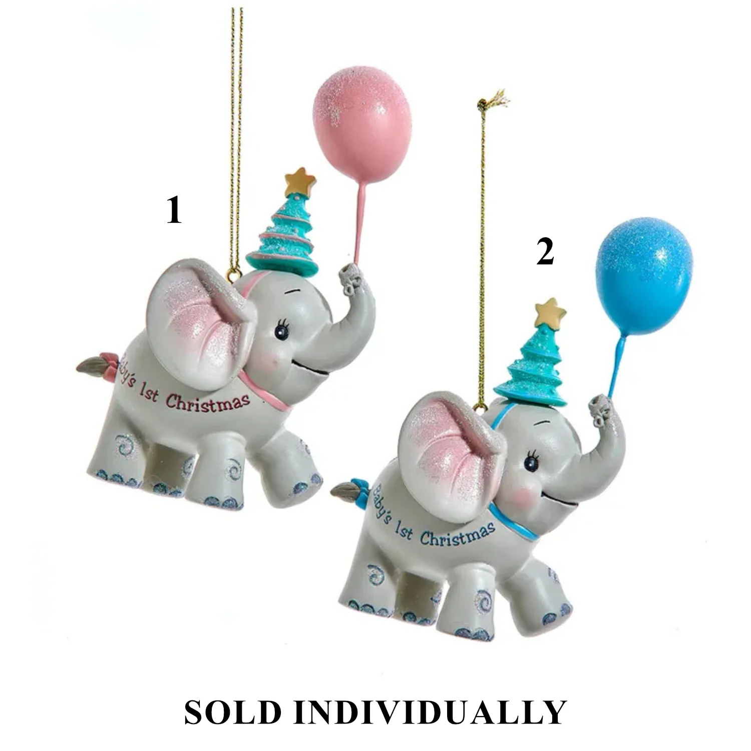 "Baby's 1st Christmas" Elephant With Balloon Ornaments For Personalization, 3.5" (2 styles - sold individually)