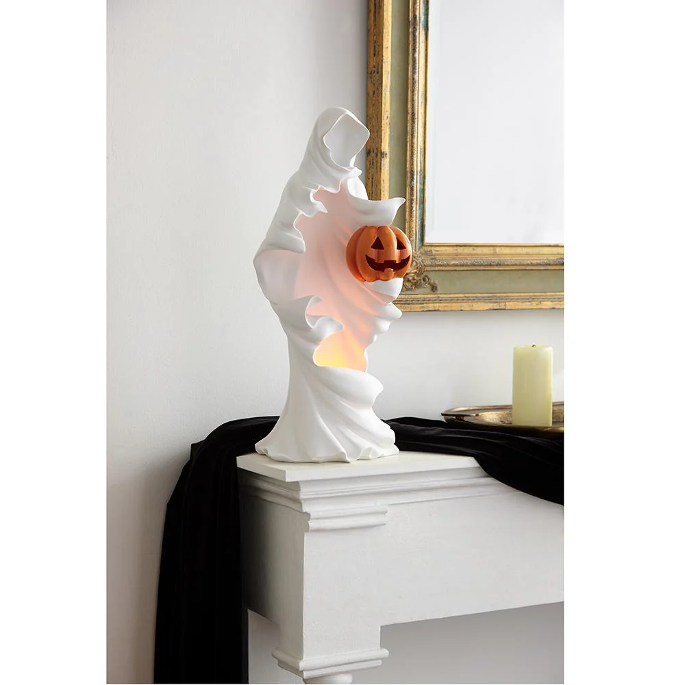 Battery Operated Ghost Holding A Jack-O'-lantern With Light, 20" (White & Orange) - Image 3