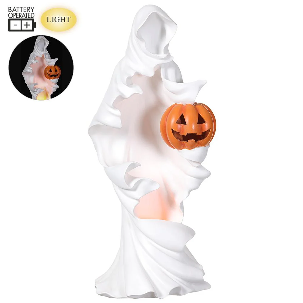 Battery Operated Ghost Holding A Jack-O'-lantern With Light, 20" (White & Orange) - Image 4
