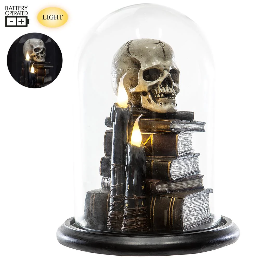 Battery Operated Skull on Book With Light, 12.4" (Beige & Brown)