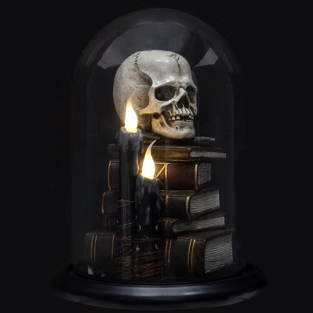 Battery Operated Skull on Book With Light, 12.4" (Beige & Brown) - Image 2