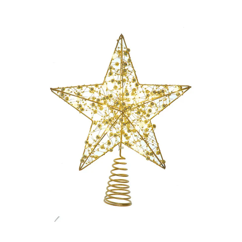Battery Operated Warm White LED Gold Beaded Metal Star Treetop, 11.8"