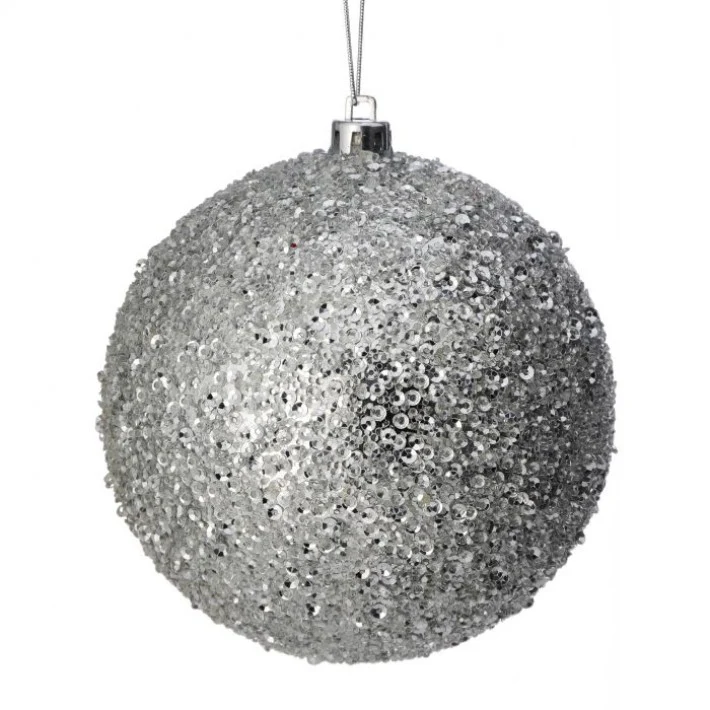 Beaded Metallic Ball Ornament, 4" (Silver)