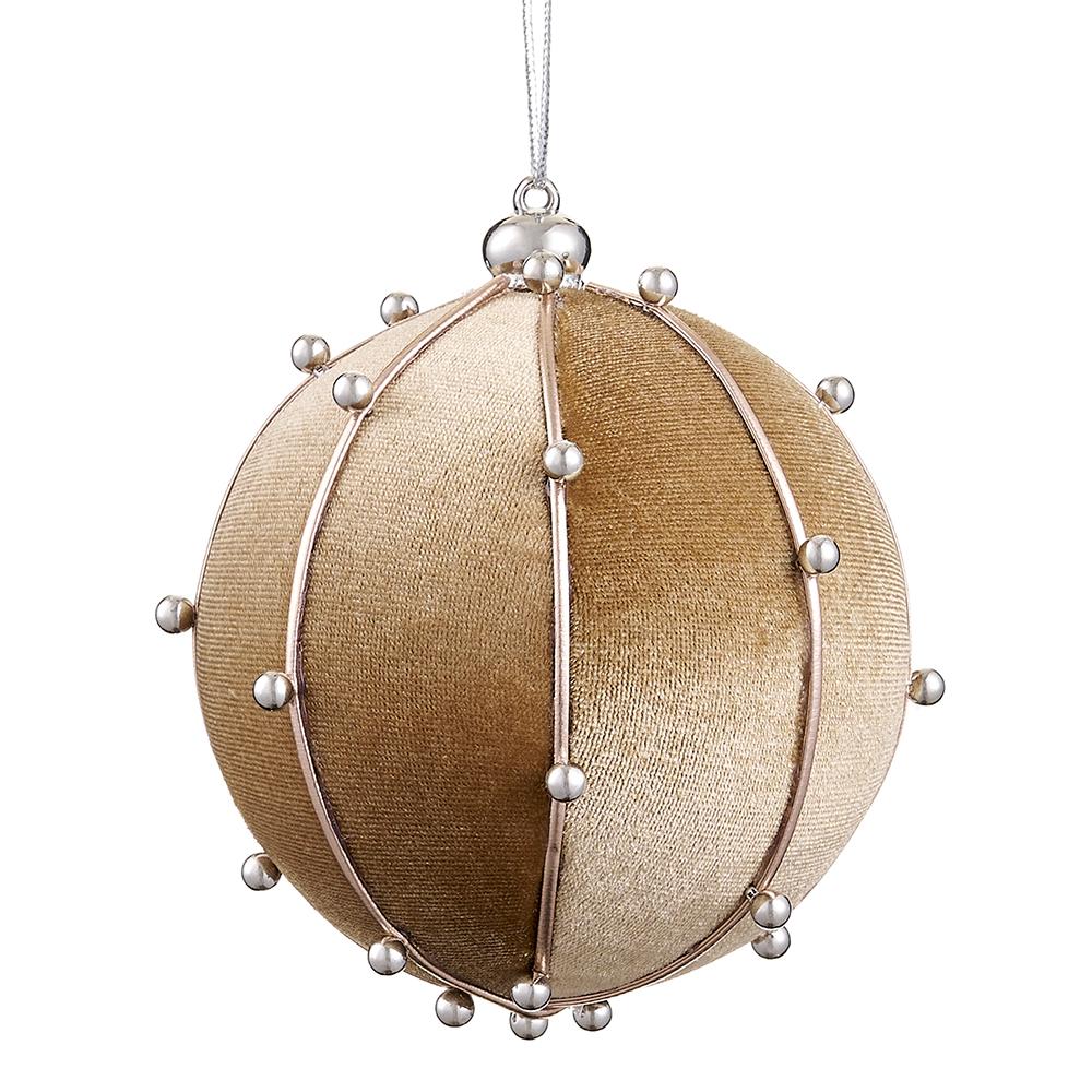 Beaded Velvet Ball Ornament, 4" (Taupe)