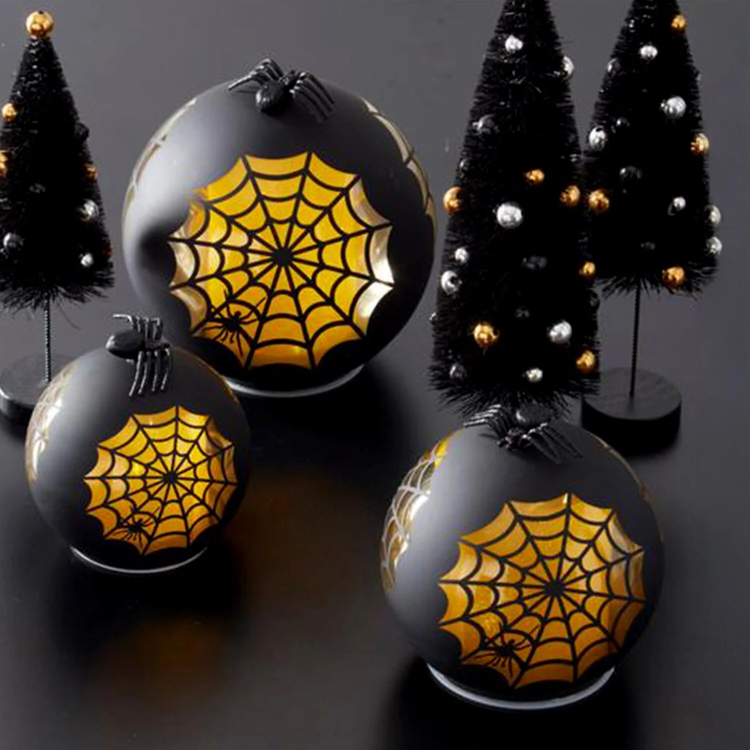 Black & Gold Laser Engraved Spider Web LED Globes (Set of 3) - Image 2