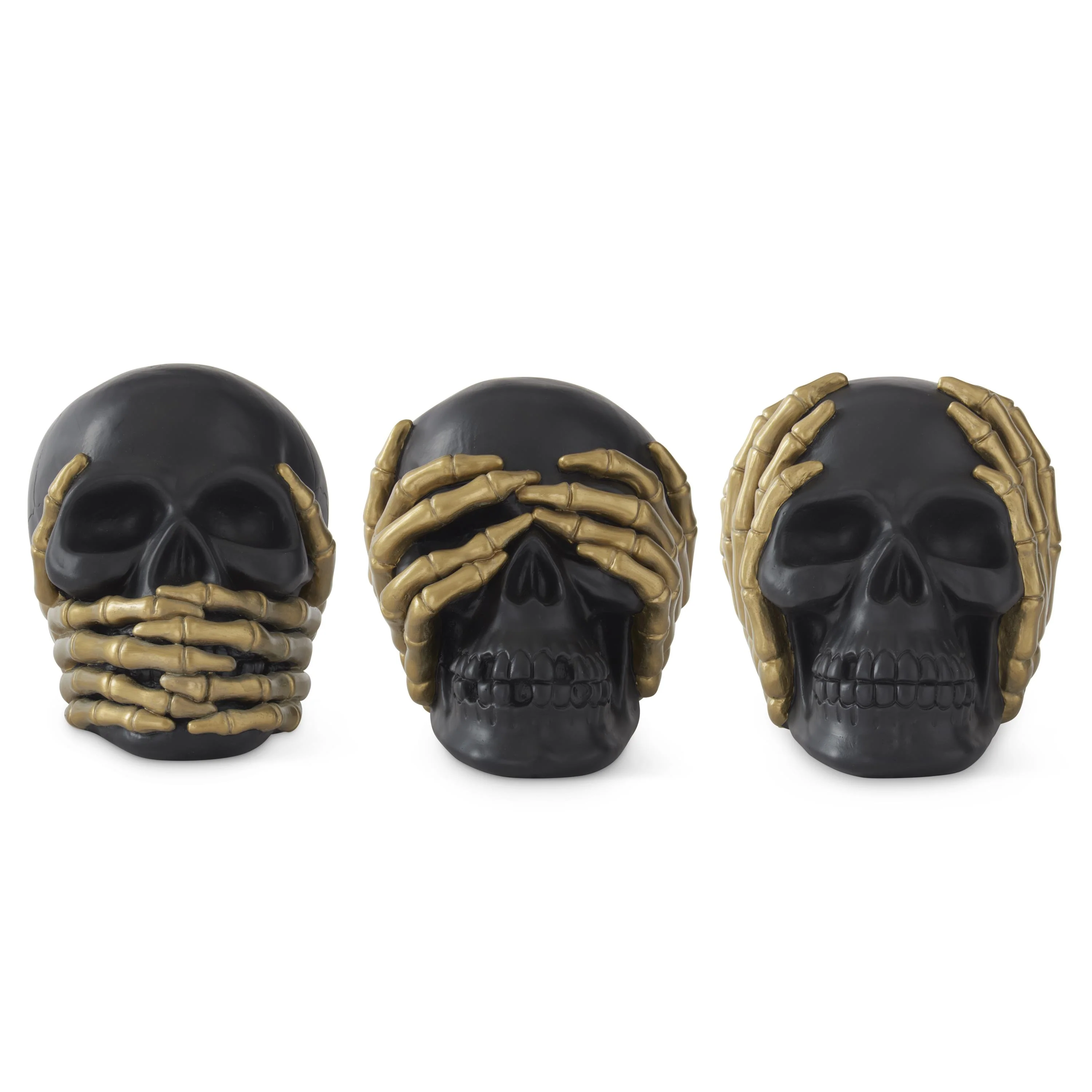 Black & Gold Resin See Hear Speak No Evil Skulls, 6.5" (Set of 3)