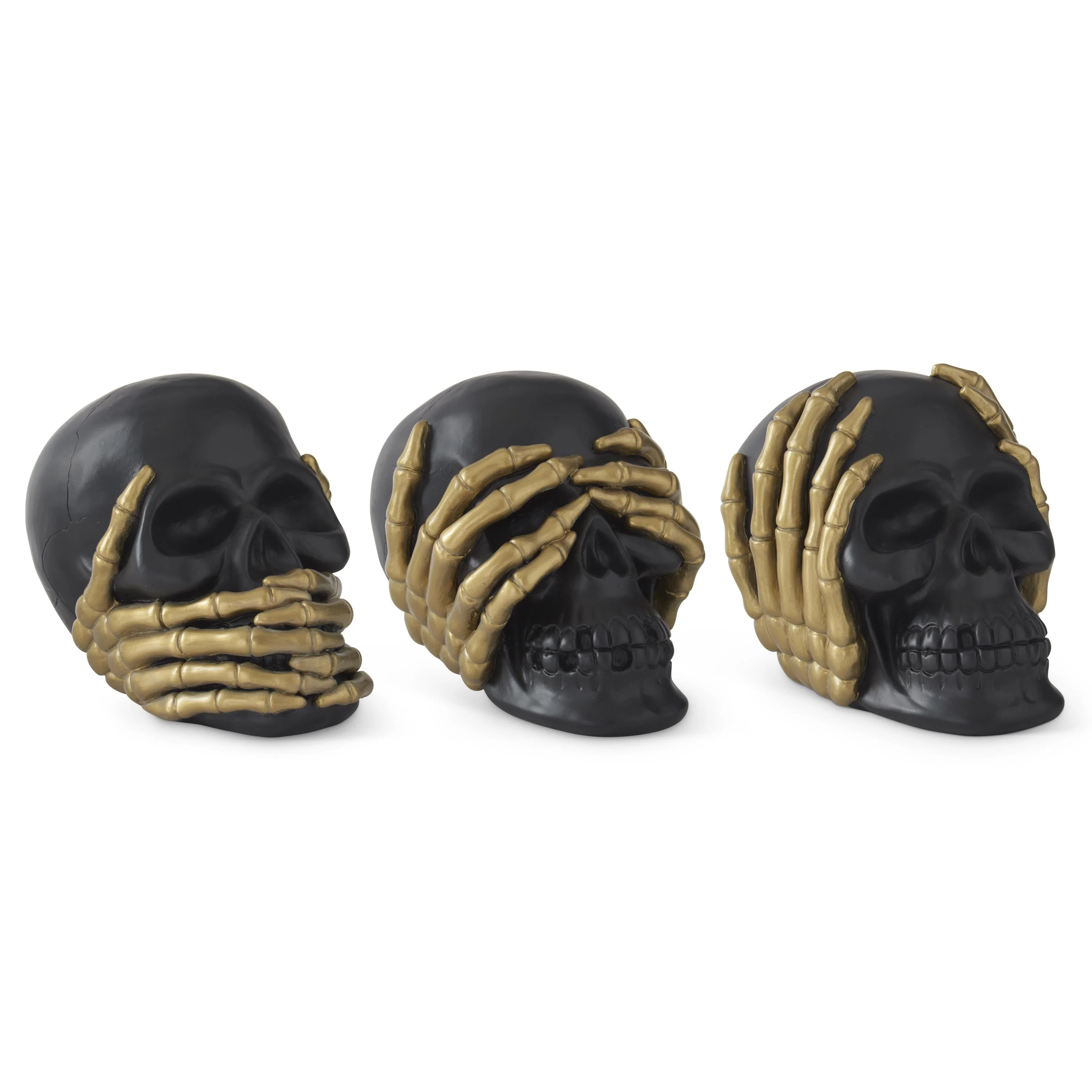 Black & Gold Resin See Hear Speak No Evil Skulls, 6.5" (Set of 3) - Image 2