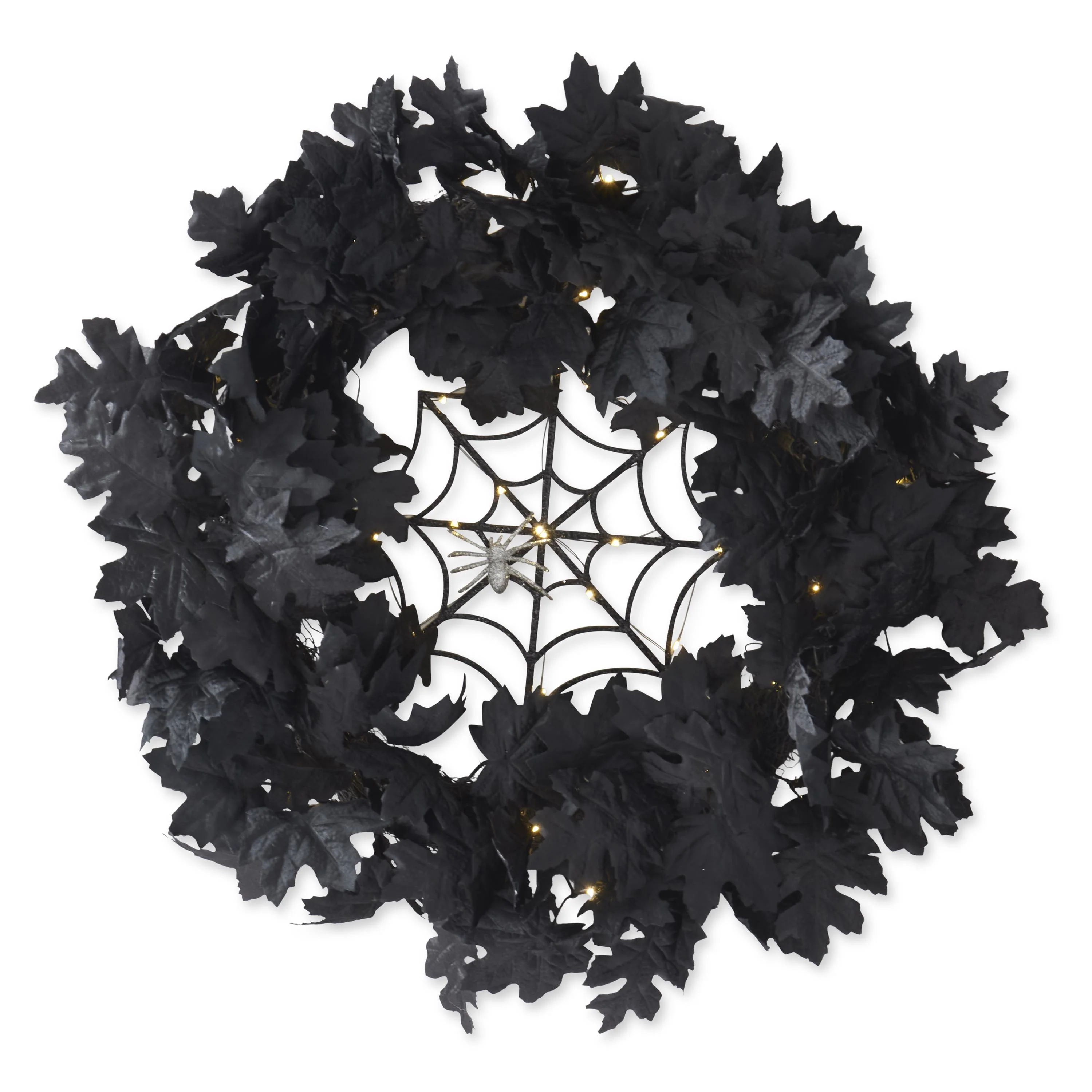 Black Oak Leaf LED Spider Web Wreath w/Timer, 26"