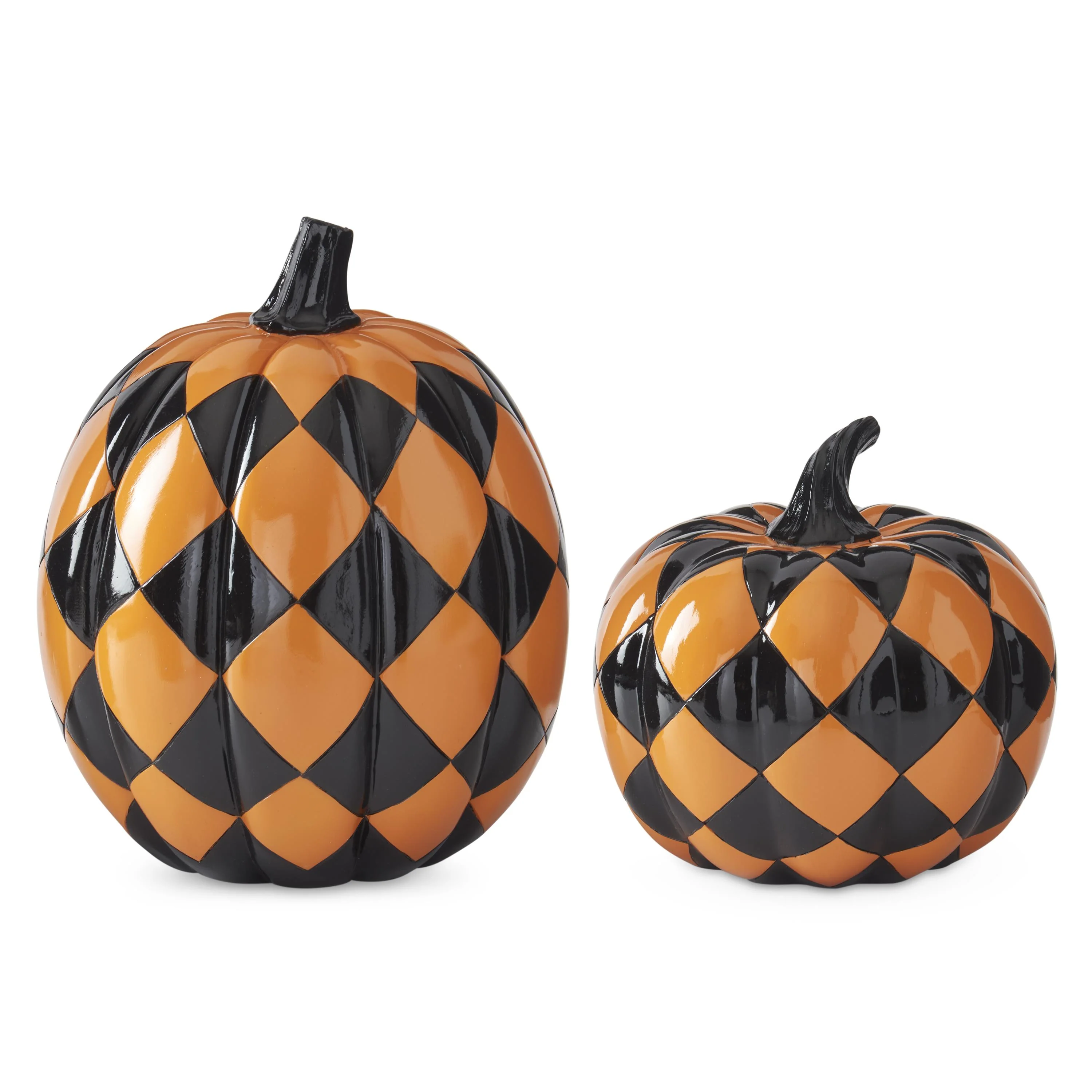 Black & Orange Check Resin Pumpkin Figurines, 7.75" - 11" (Set of 2)