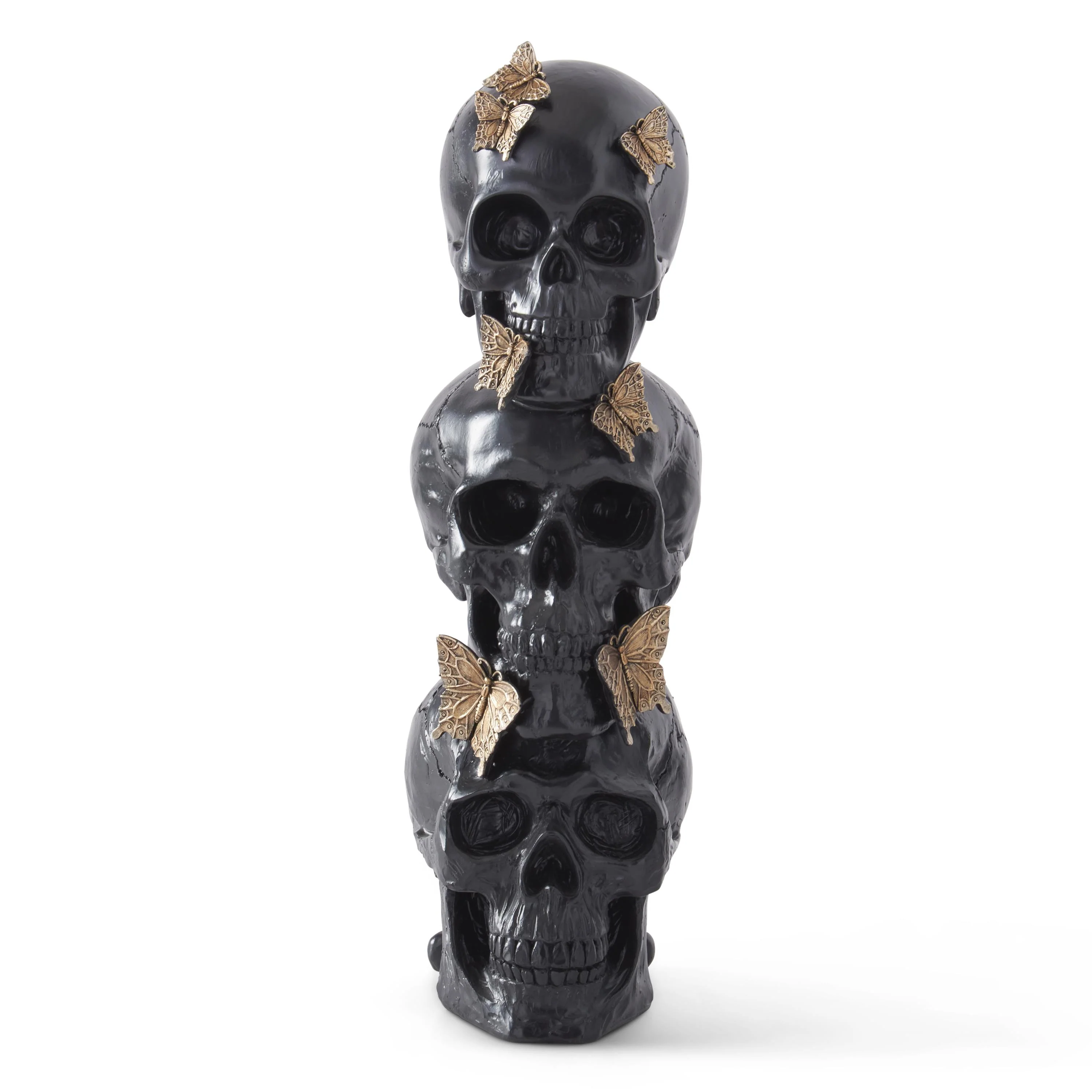 Black Resin 3 Stacked Skulls w/Gold Butterflies Figurine, 16"