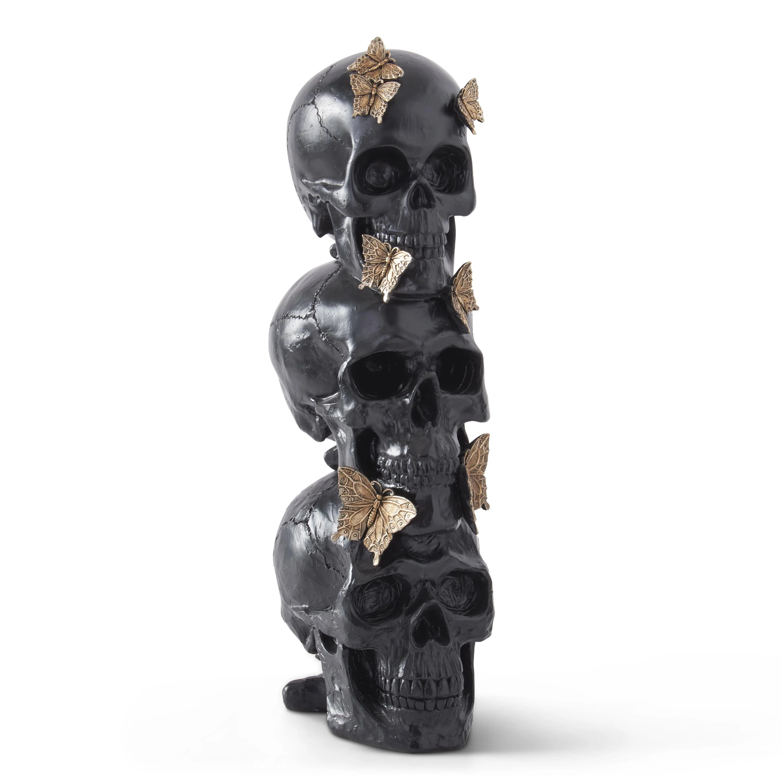 Black Resin 3 Stacked Skulls w/Gold Butterflies Figurine, 16" - Image 2