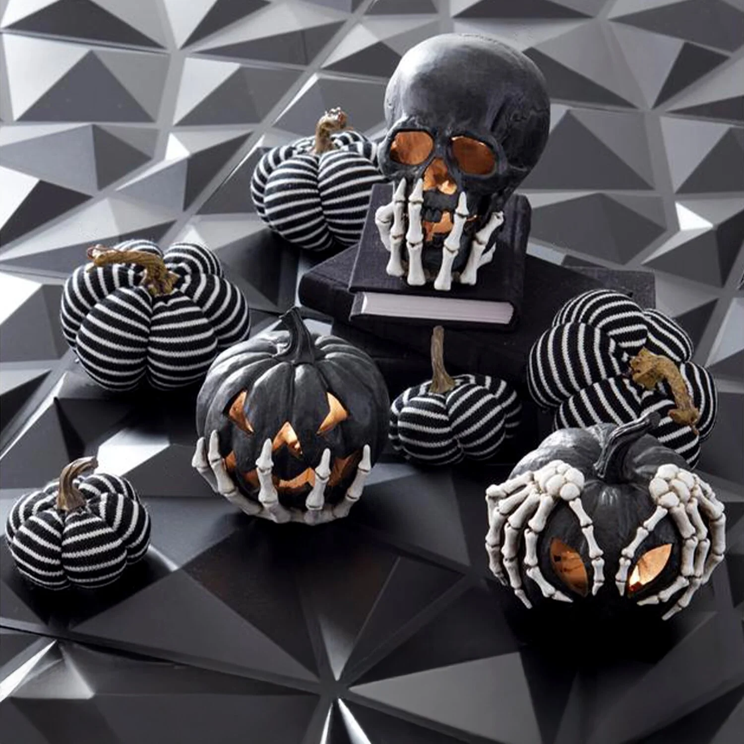 Black Resin LED Jack-O'-Lanterns & Skull (Set of 3) - Image 2