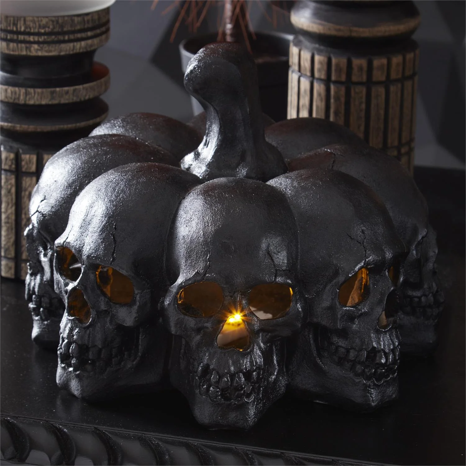 Black Resin LED Skull Pumpkin, 8" - Image 2