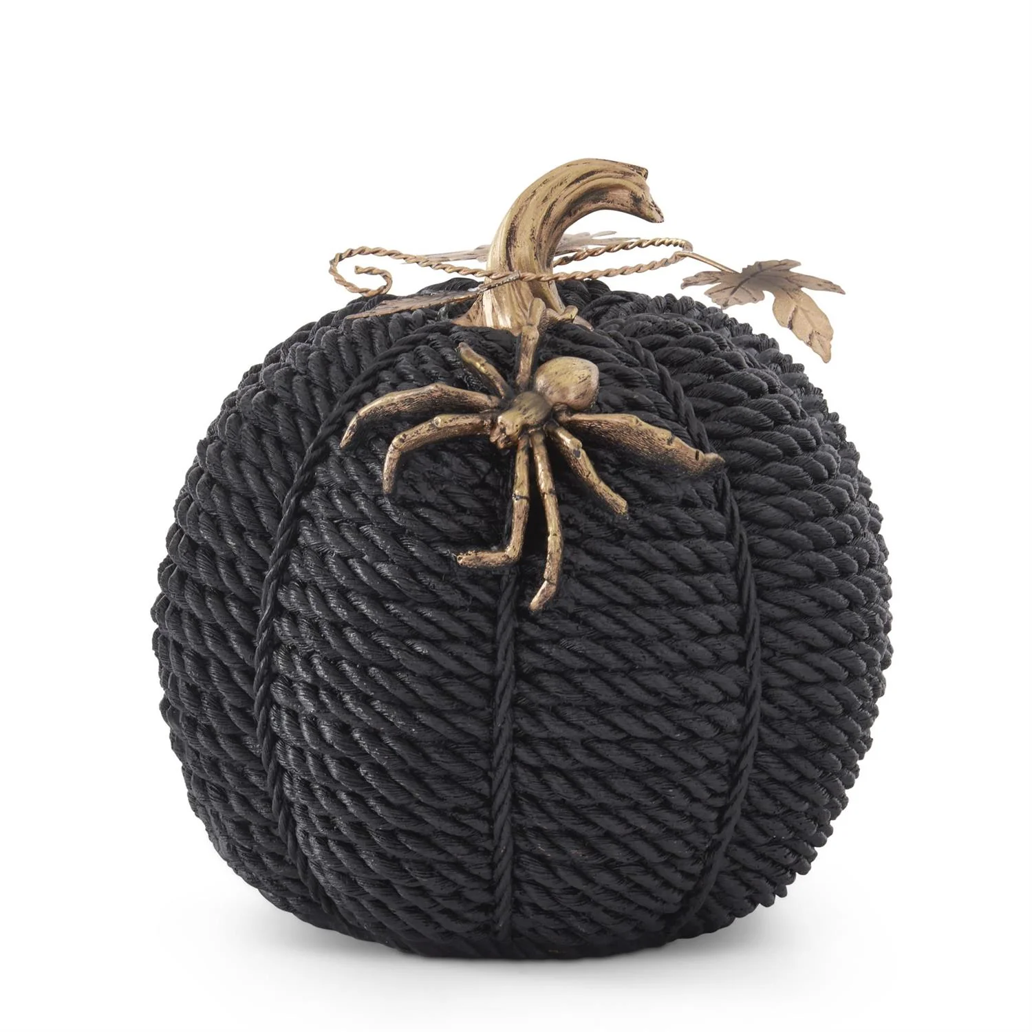 Black Resin Rope Pumpkin w/Gold Leaves, 10.75"
