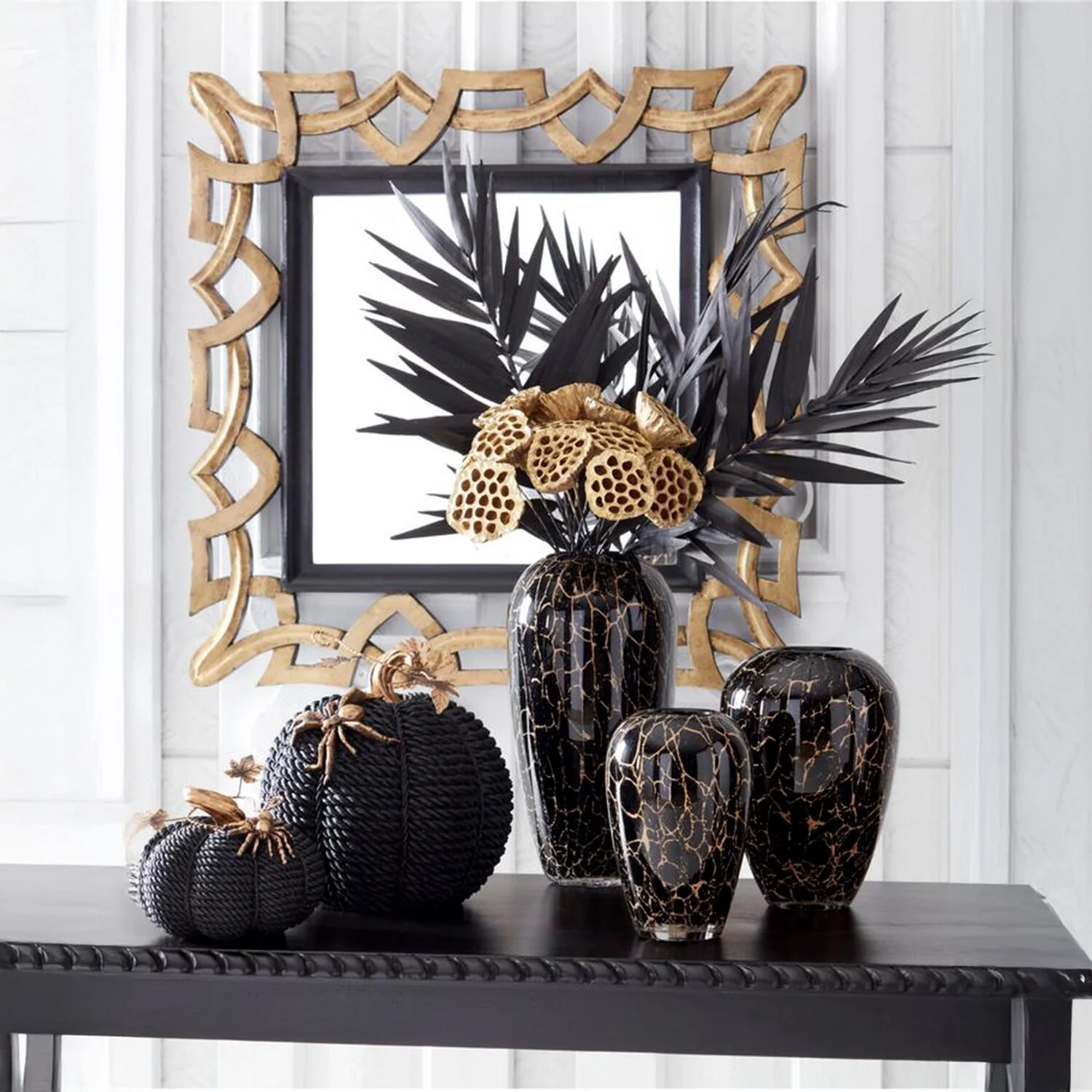 Black Resin Rope Pumpkin w/Gold Leaves, 10.75" - Image 2