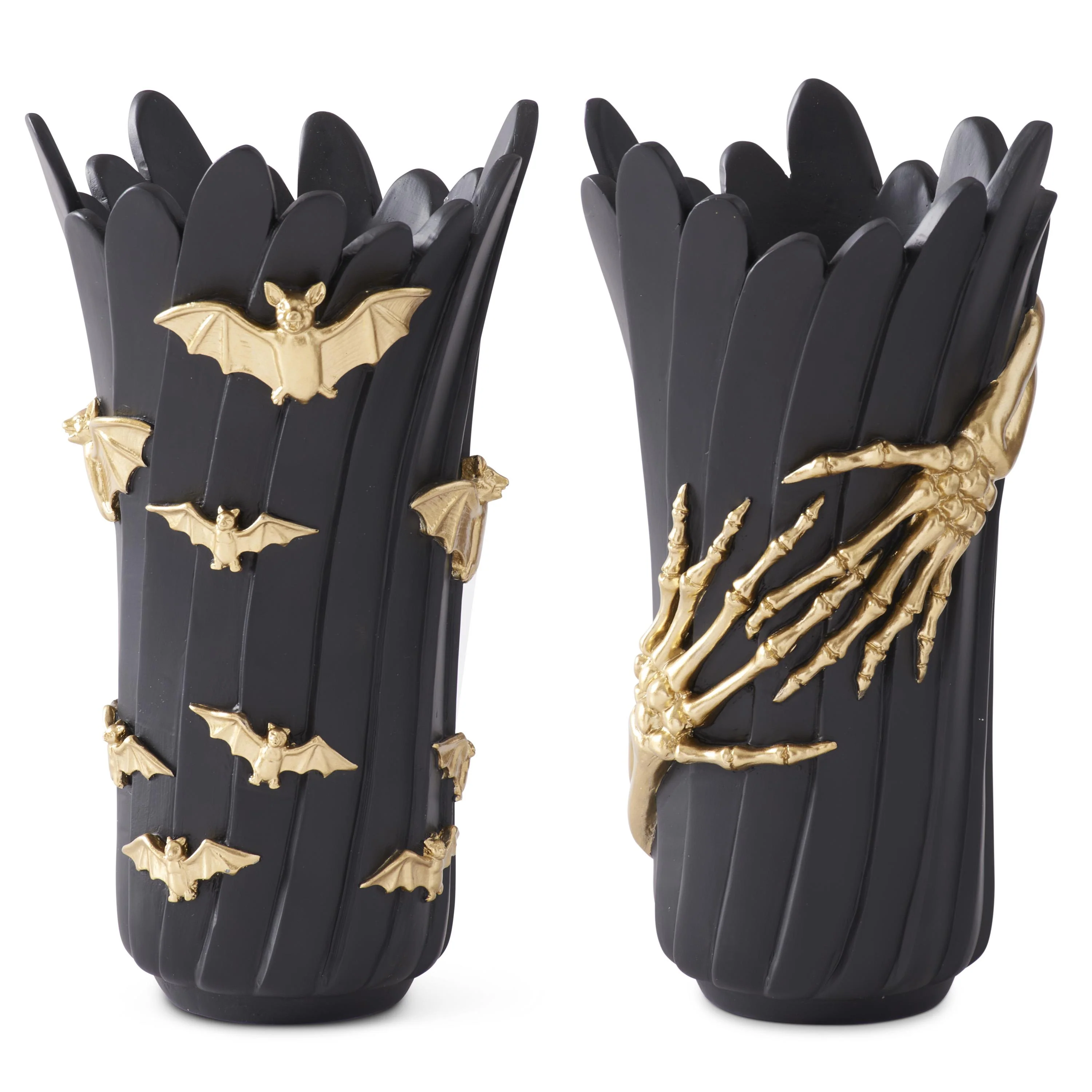 Black Resin Vases w/Gold Skeleton Hands & Bats, 12" (Set of 2)