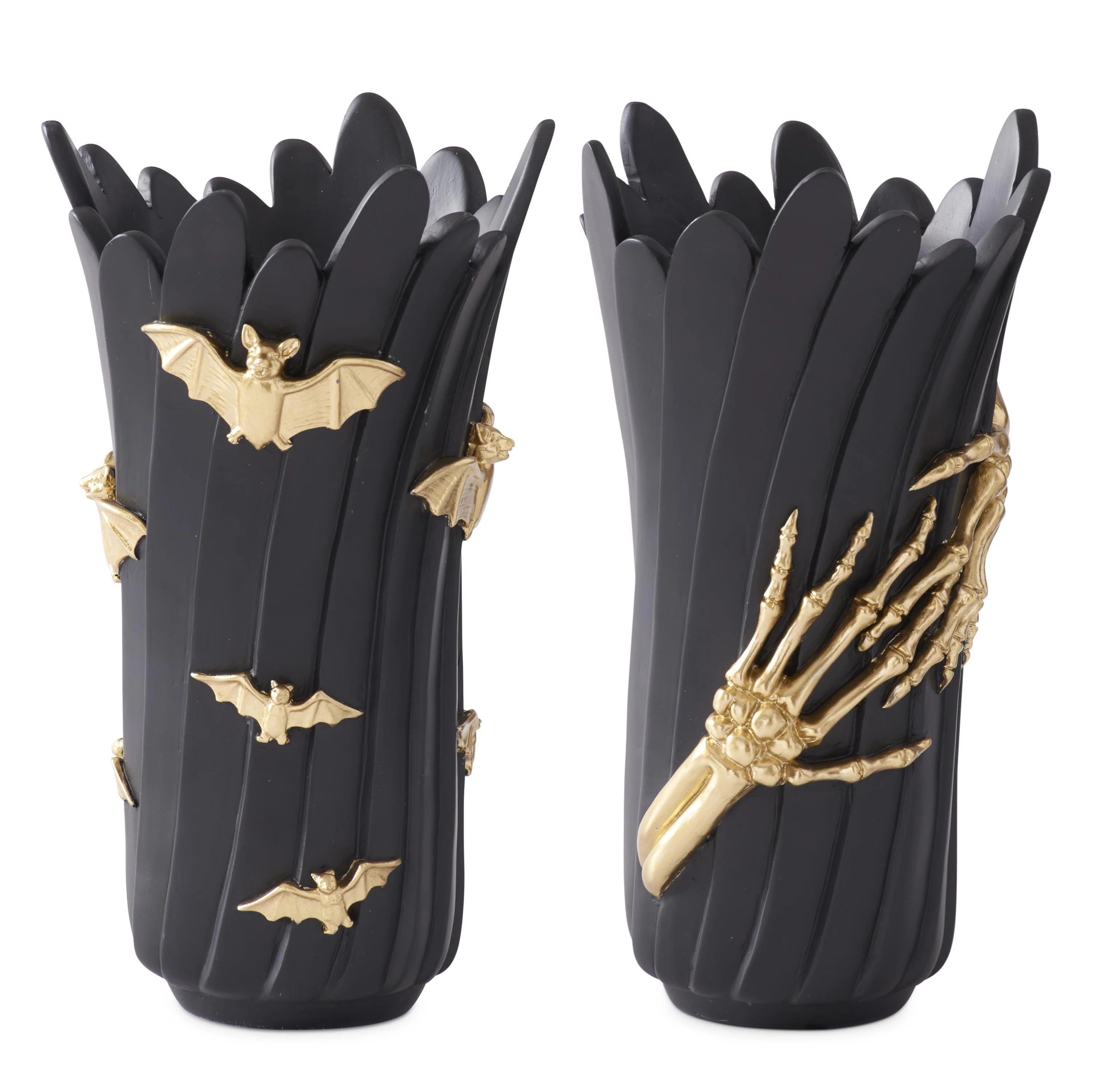 Black Resin Vases w/Gold Skeleton Hands & Bats, 12" (Set of 2) - Image 2