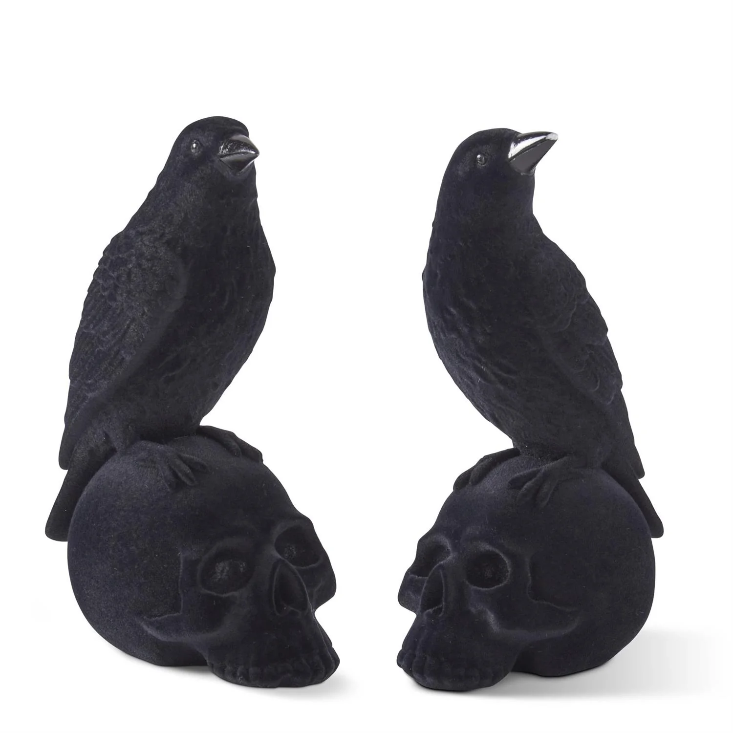 Black Velvet Flocked Resin Crows on Skulls (Set of 2)