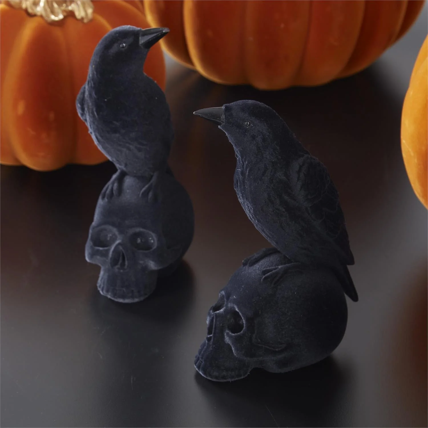 Black Velvet Flocked Resin Crows on Skulls (Set of 2) - Image 2