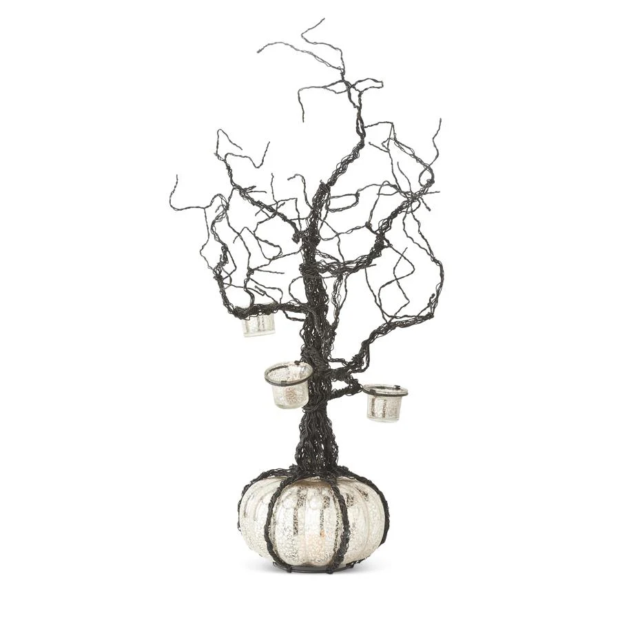 Black Wire Votive Halloween Tree w/LED Mercury Pumpkin Base, 28"