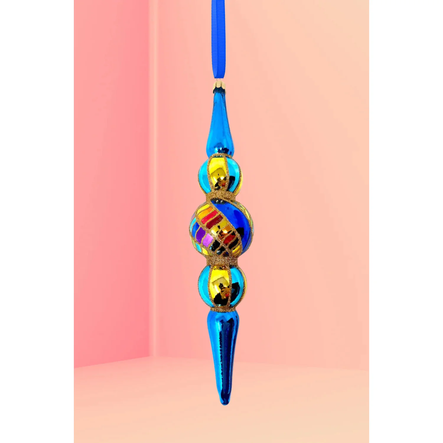 Blue Spinner Icicle Glass Ornament, 10"