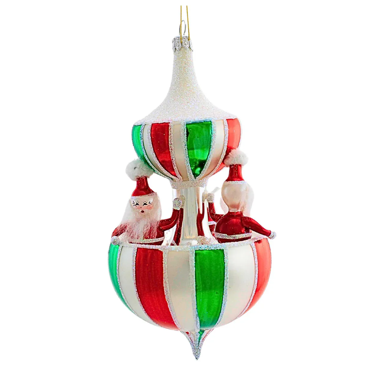 Carousel 3 Santa Glass Drop Ornament, 6.5"