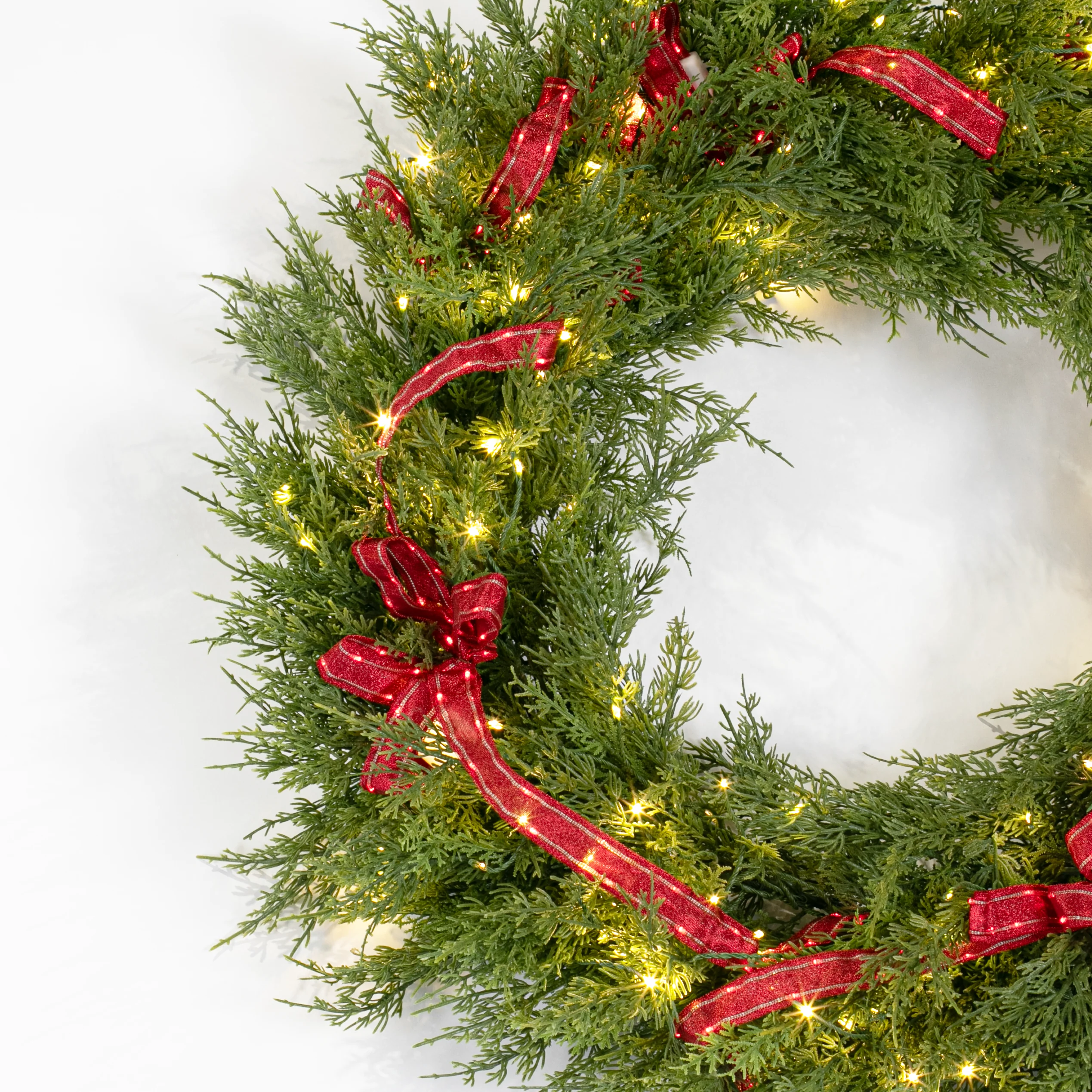 Cedar Pine Wreath w/4 Red Illuma Bow, LED Lit, 32" - Image 2