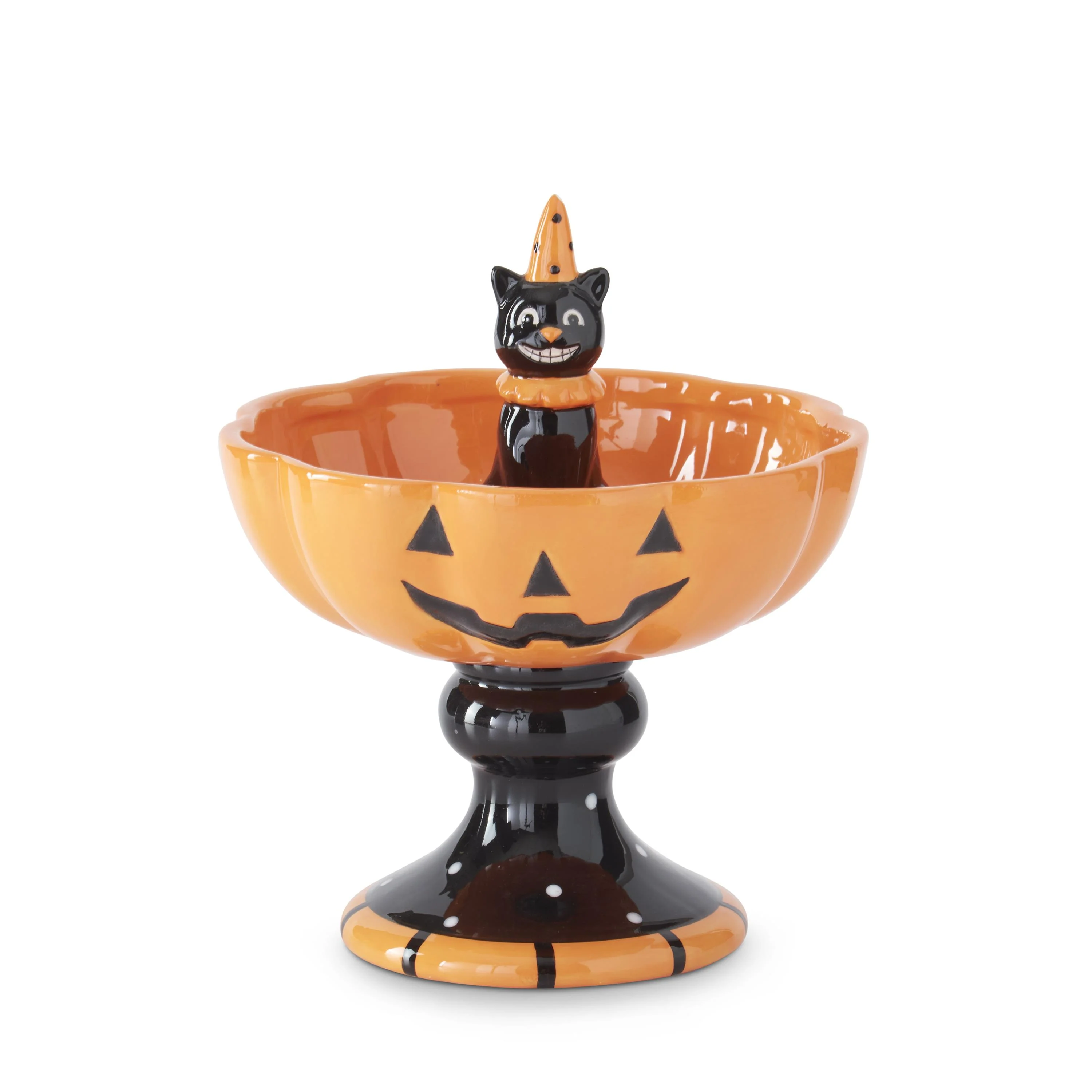 Ceramic Jack-O-Lantern Bowl w/Black Cat Figurine, 8.25"