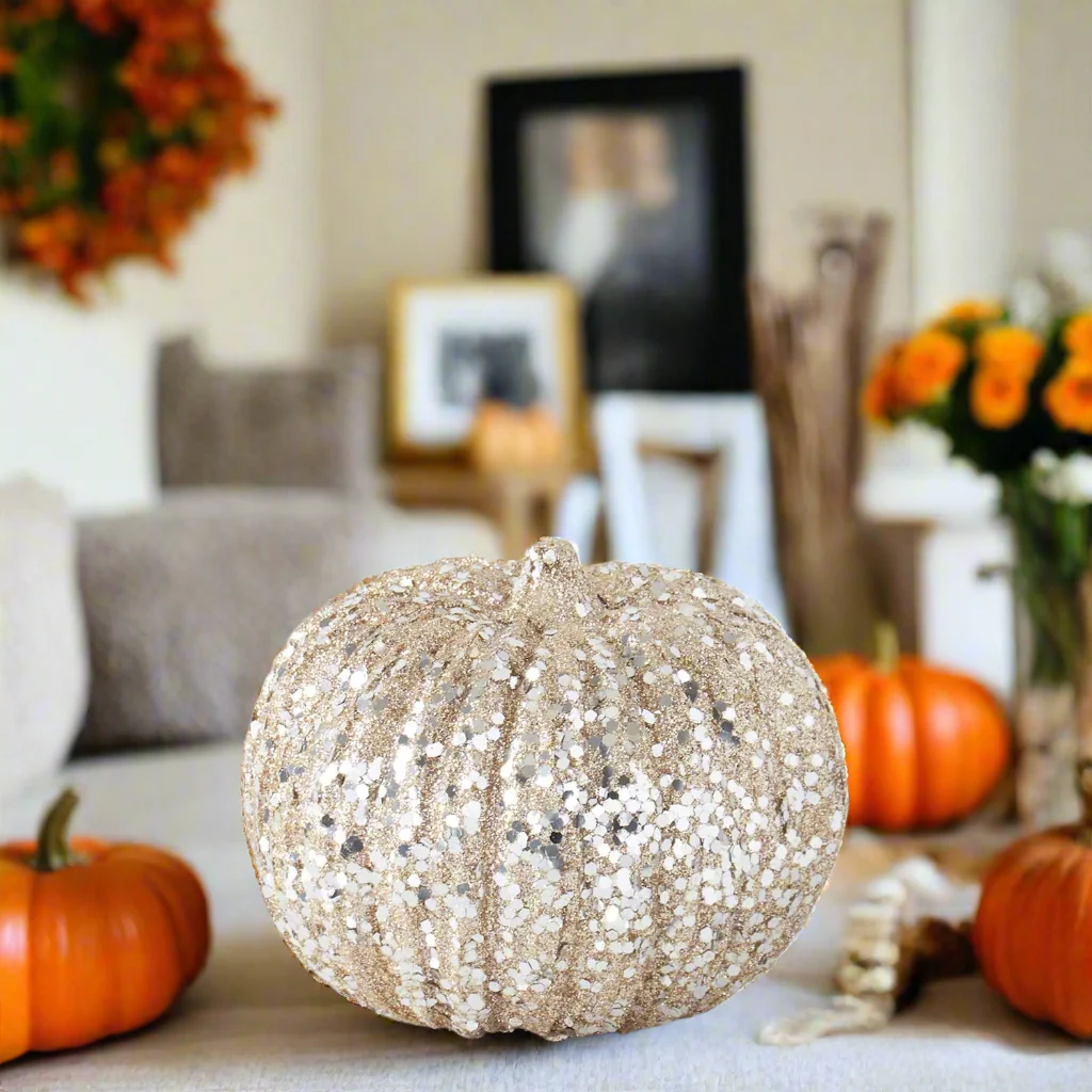 Champagne Glitter & Sequin Pumpkin, 4" - Image 2