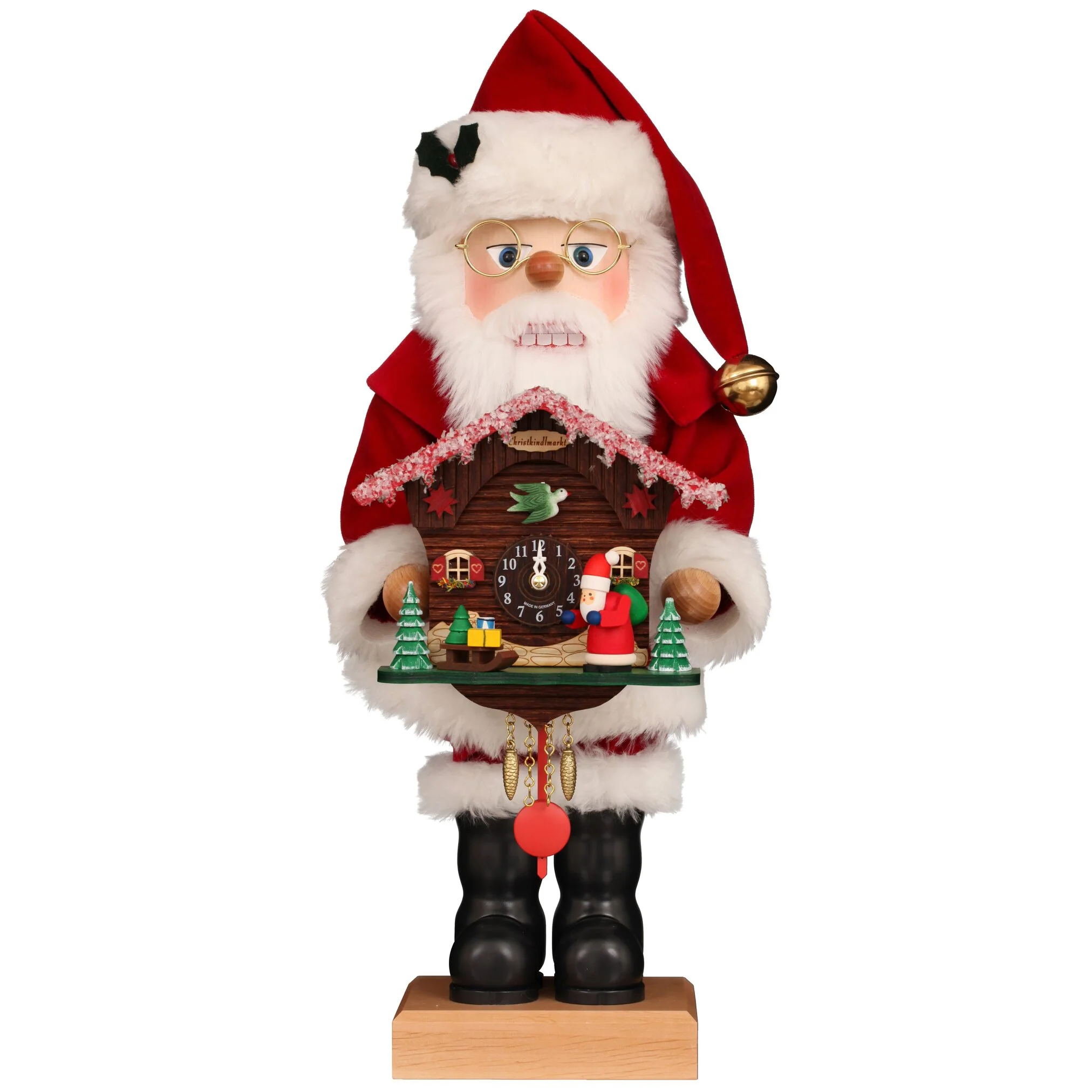 Christian Ulbricht Premium Nutcracker Figurine - Santa With Cuckoo Clock, 18.7"