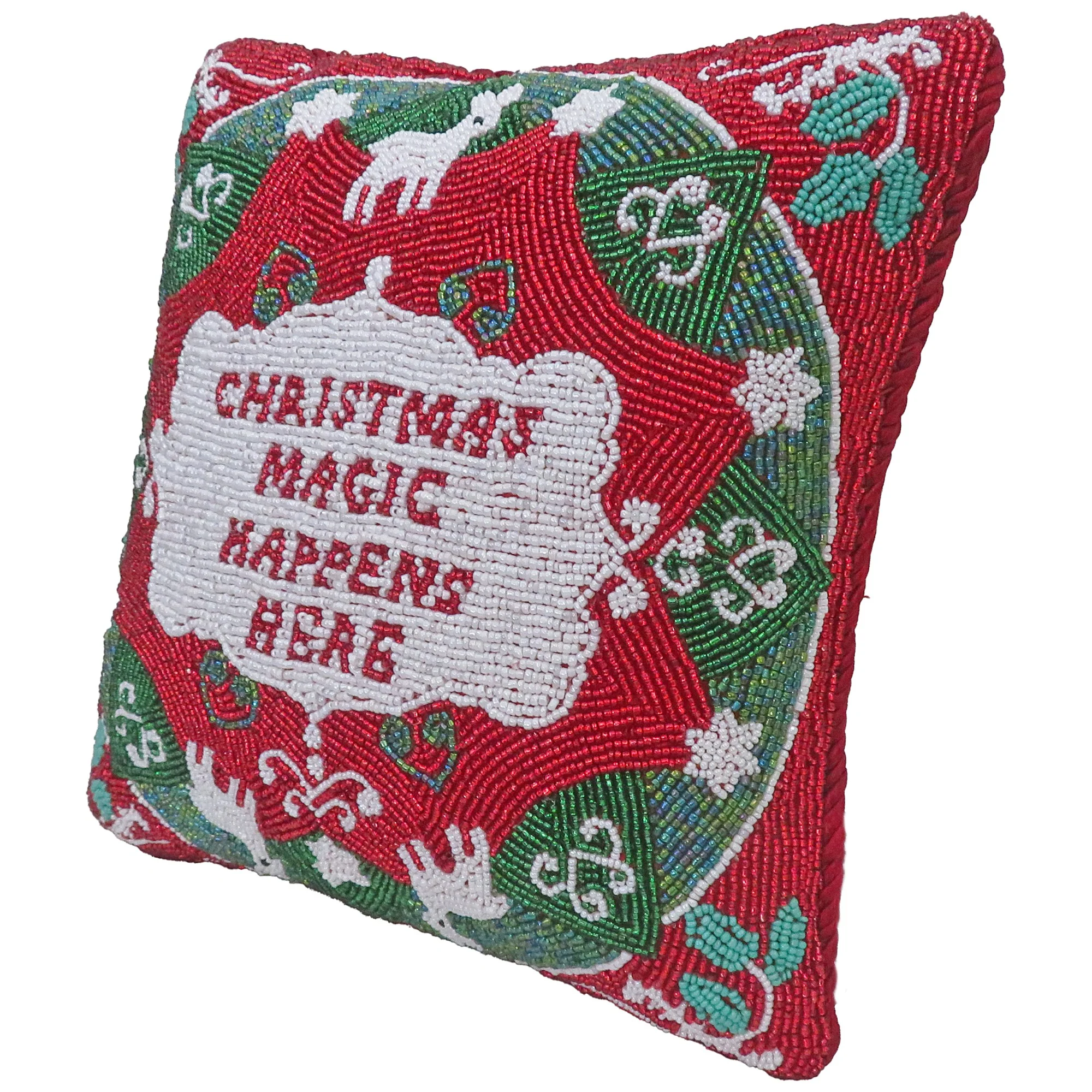 "Christmas Magic Happens Here" Beaded Pillow, 10x10 - Image 2