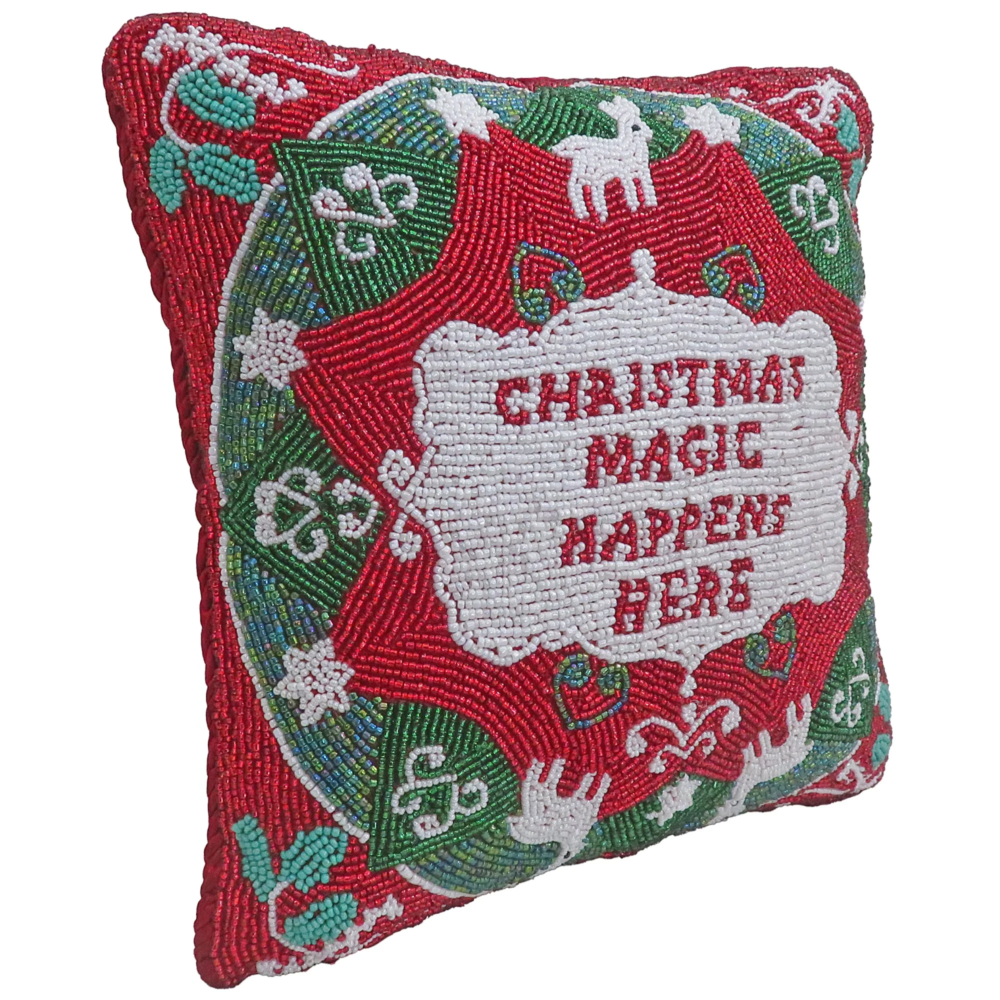 "Christmas Magic Happens Here" Beaded Pillow, 10x10 - Image 3